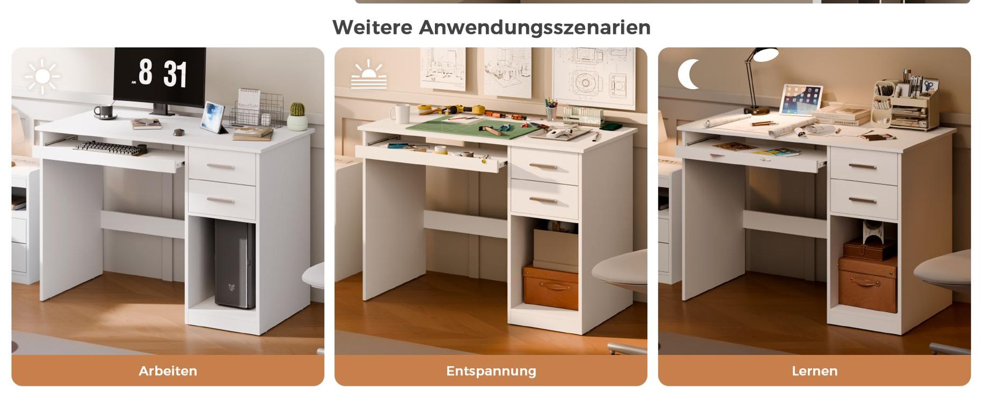 Mondeer Schreibtisch Computertisch mit 2 Schubladen & Tastaturauszug, Moderner Bürotisch für Homeoffice 105x48x76 cm Weiß