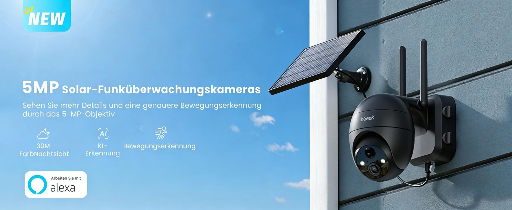 ieGeek 5MP Überwachungskamera WLAN für den Außenbereich kabellos Solar 360 ° PTZ Solarkamera Akku 2,4 GHz Nachtsicht Farbe PIR-Erkennung 2-Wege-Audio