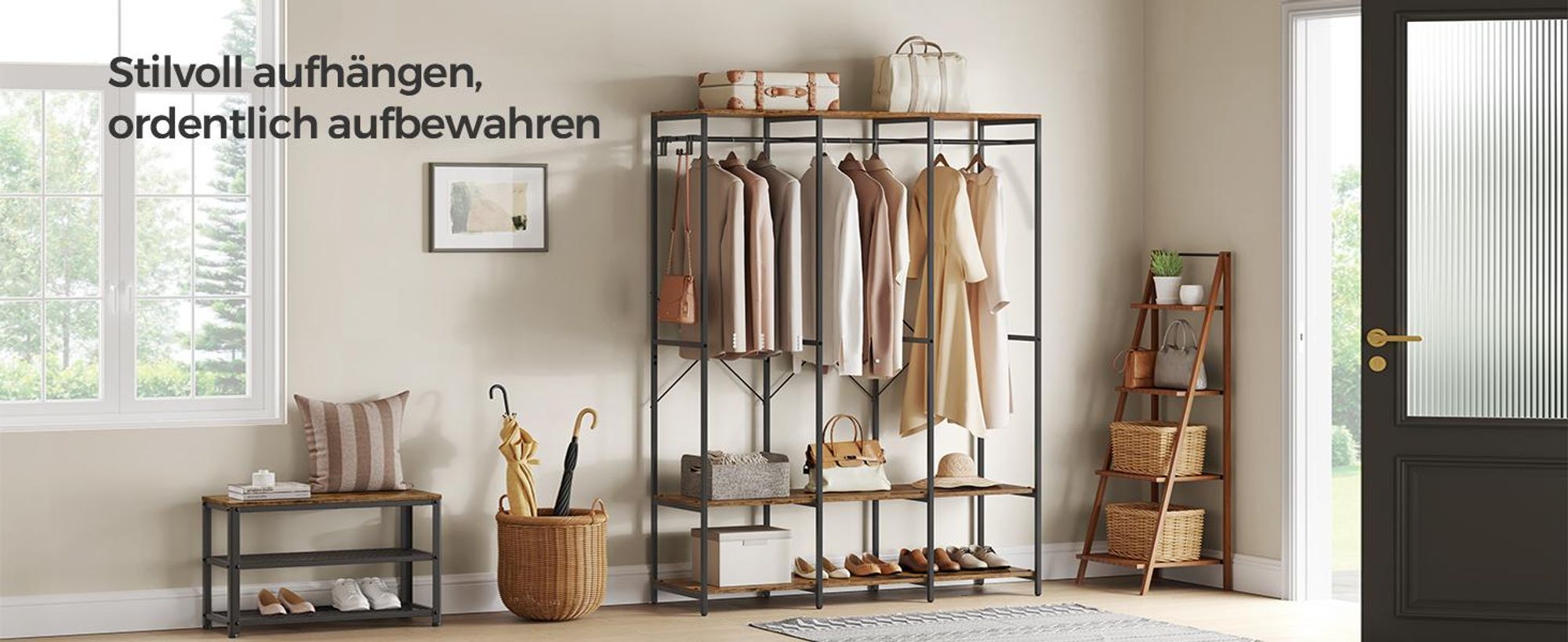 SONGMICS Kleiderschrank offen, Garderobenständer mit Kleiderstange, Ablagen, abnehmbare Haken, 40 x 141 x 180 cm, Vintagebraun
