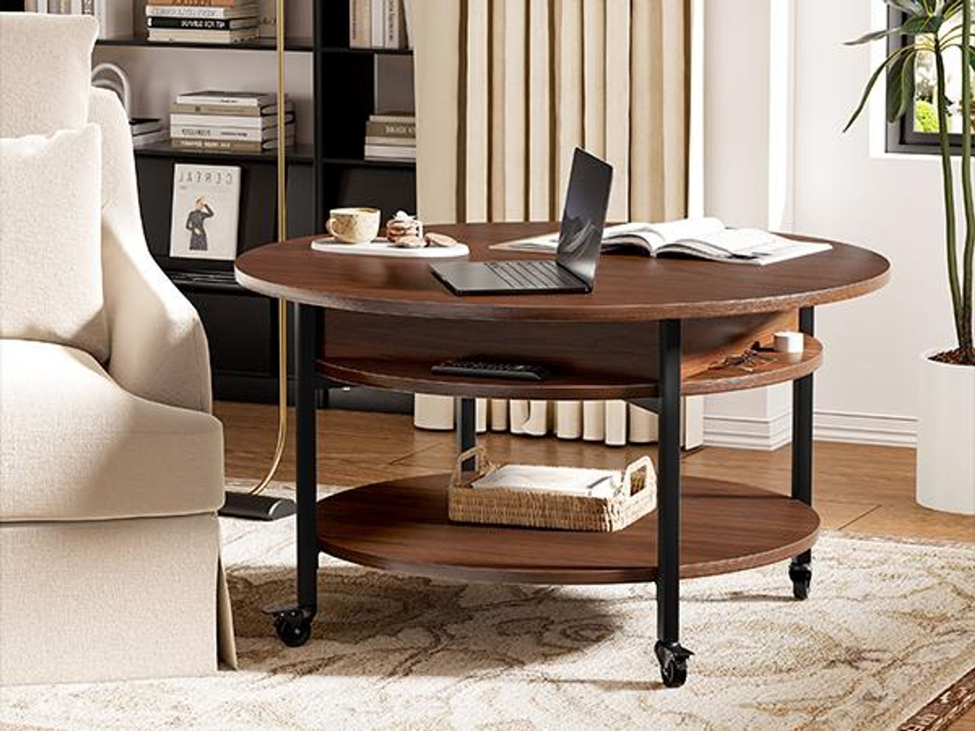 FABATO Runder höhenverstellbarer Couchtisch mit Rädern & Staufach – 26,77 Zoll (ca. 68 cm), 2-stufig, auch als Esstisch nutzbar, in Espresso