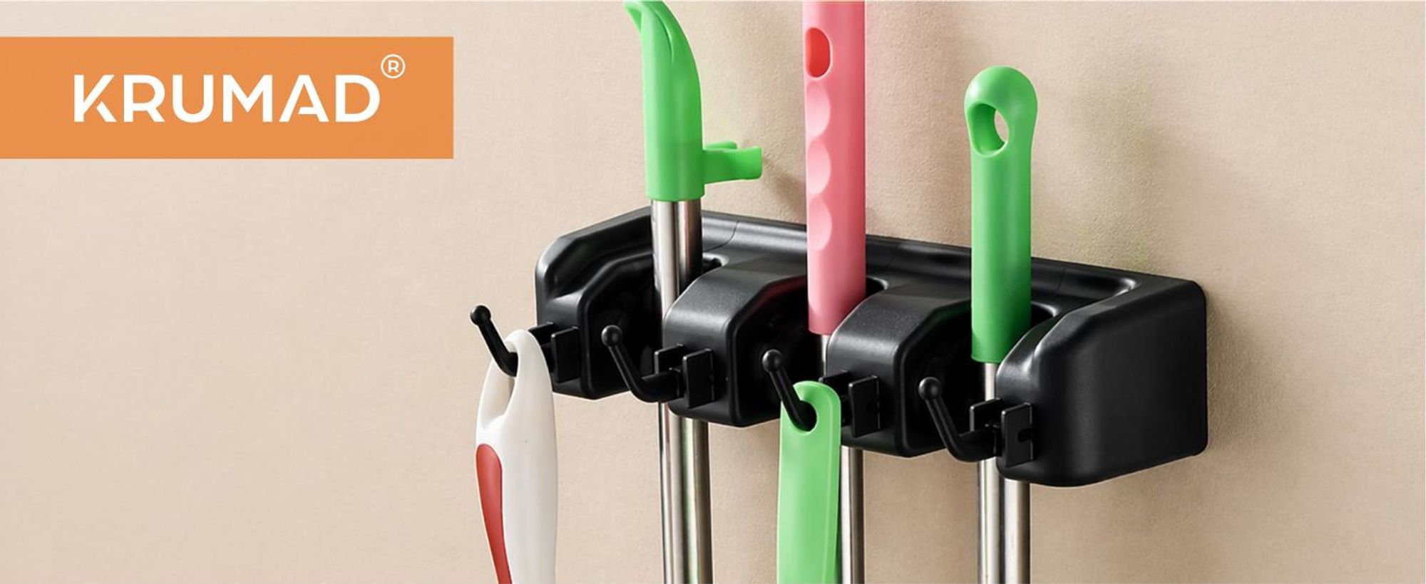 KRUMAD Besenhalterung Wand, 3 Regale und 4 Haken für Gartengeräte, Kompakter Werkzeughalter, Robustes PP+TPE Material, Ideal für Garage und Abstellrau