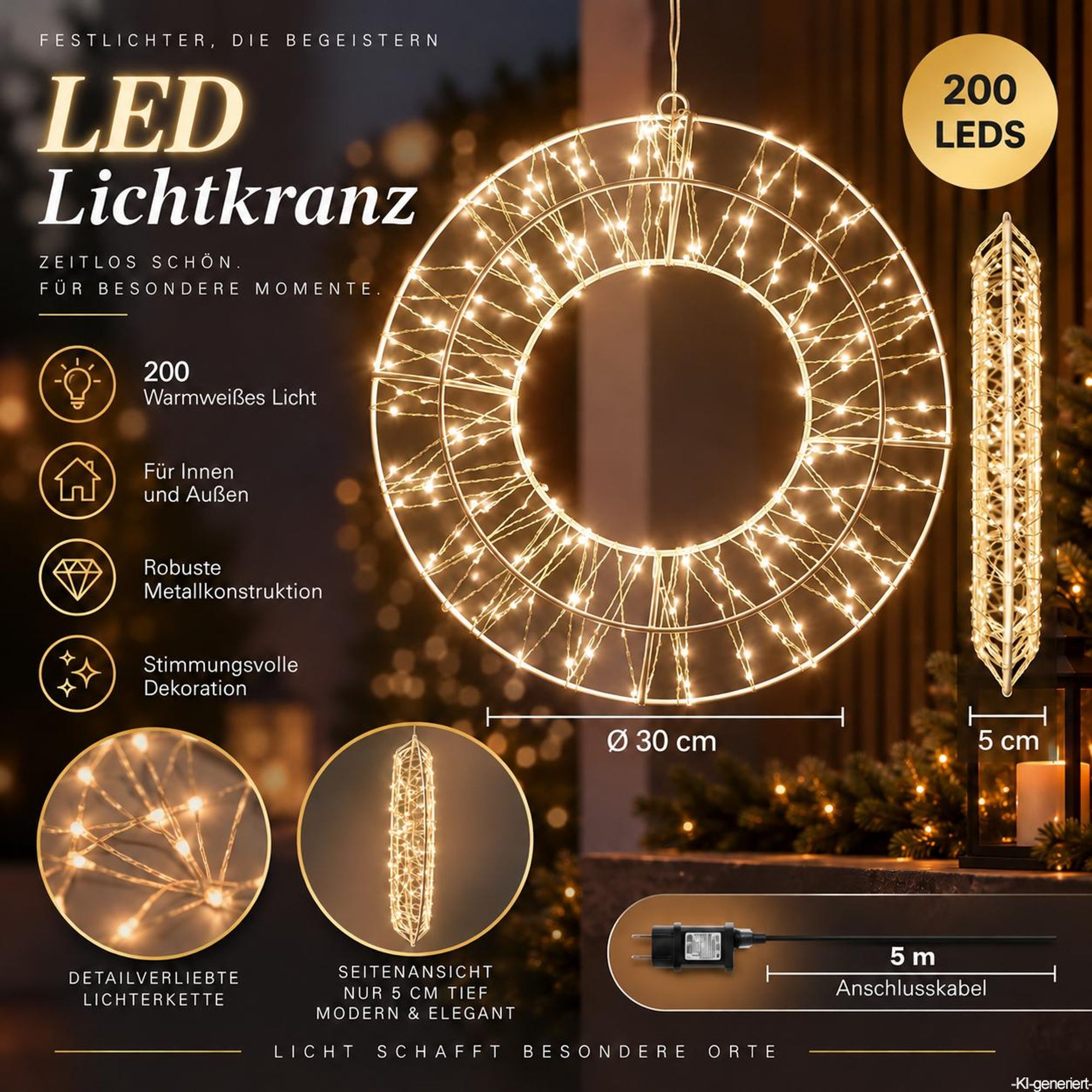 LED Lichterkranz Ø 30 cm mit 200 LEDs Warmweiß, Weihnachtskranz Metall Weiß mit Timer, IP44, Hängekranz Türkranz für Innen & Außen mit Stecker