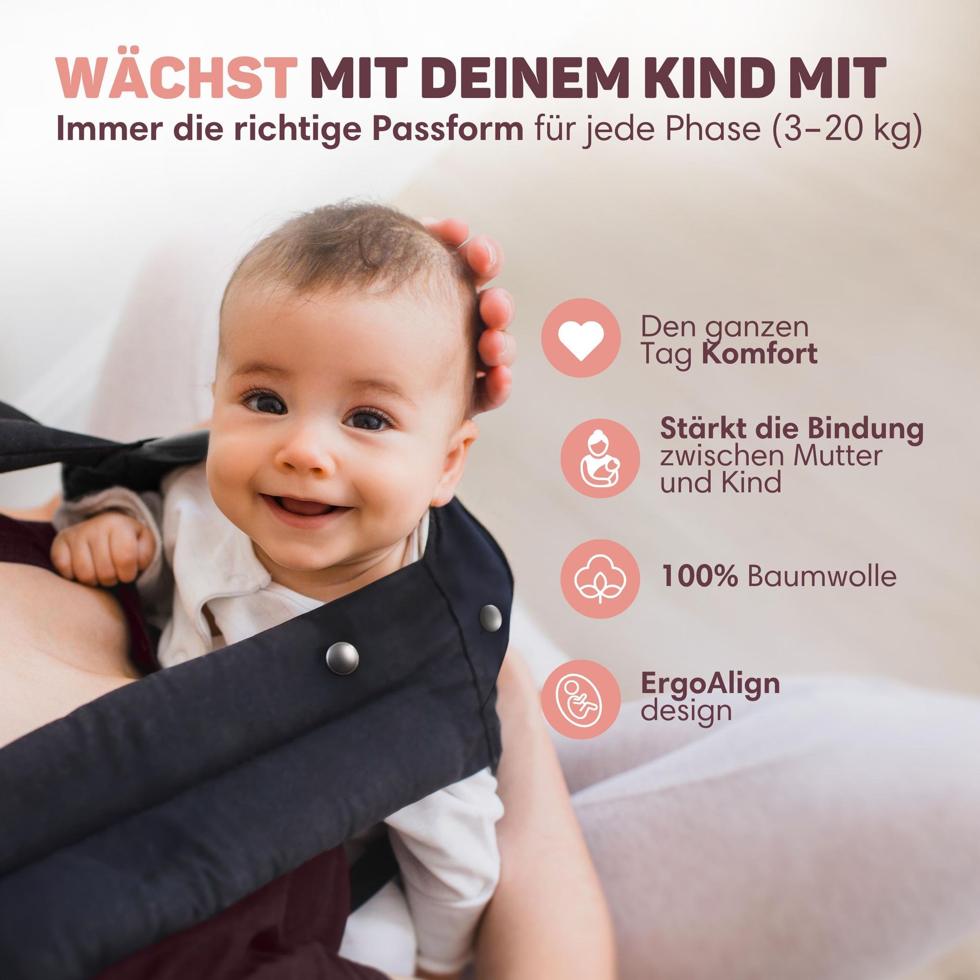 Vulpes Goods Tragetuch Baby & Neugeborene bis 20 kg | Babytragetuch M-Position mit Rückenstütze | Baby-Tragegurt mit 3 Tragepositionen