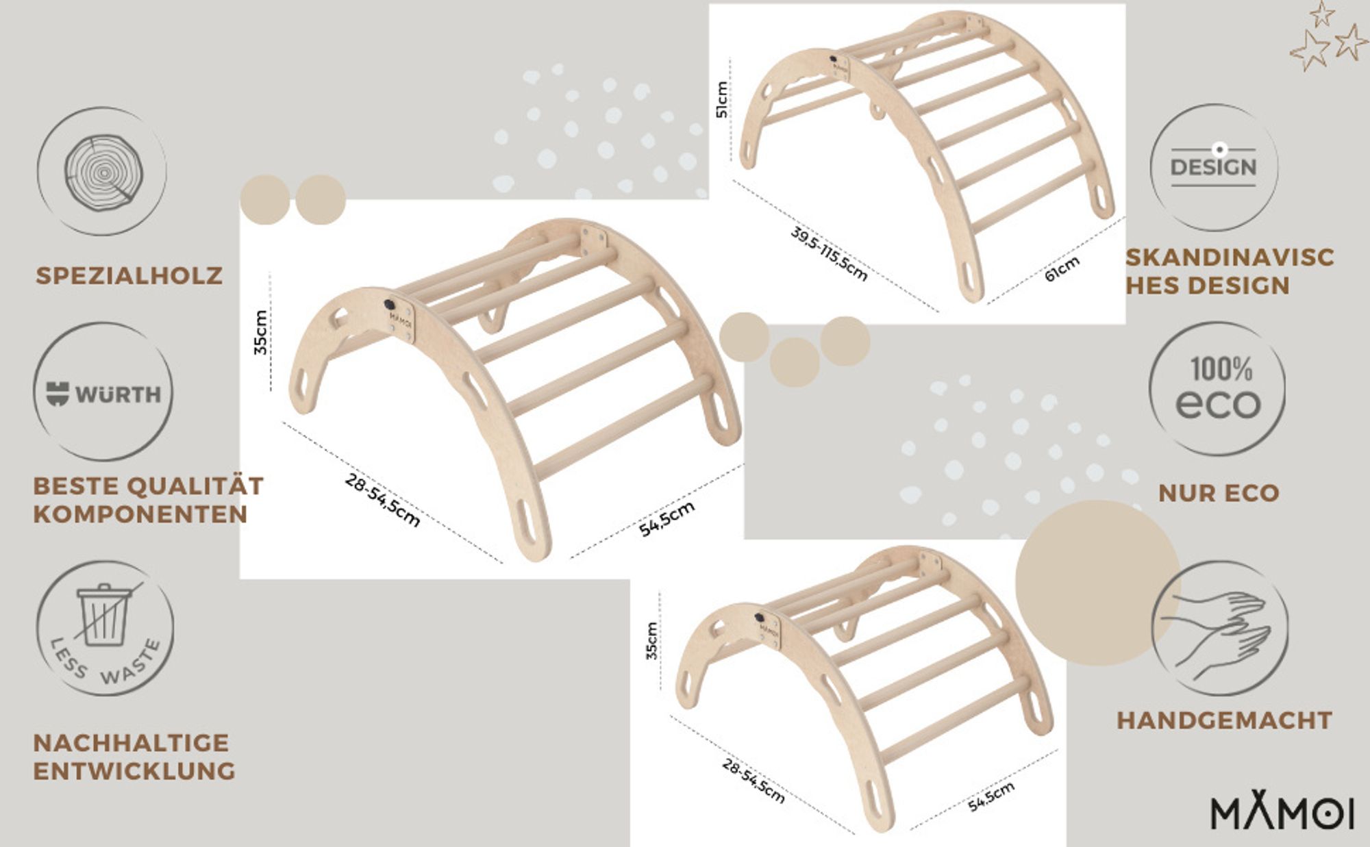 MAMOI® Kletterbogen, Kletterdreieck, Baby klettern, Regenbogenwippe aus holz, Holzbogen für Kinder, Spielplatz, Klettergerüst indoor ab 1 jahr 2/3 jah
