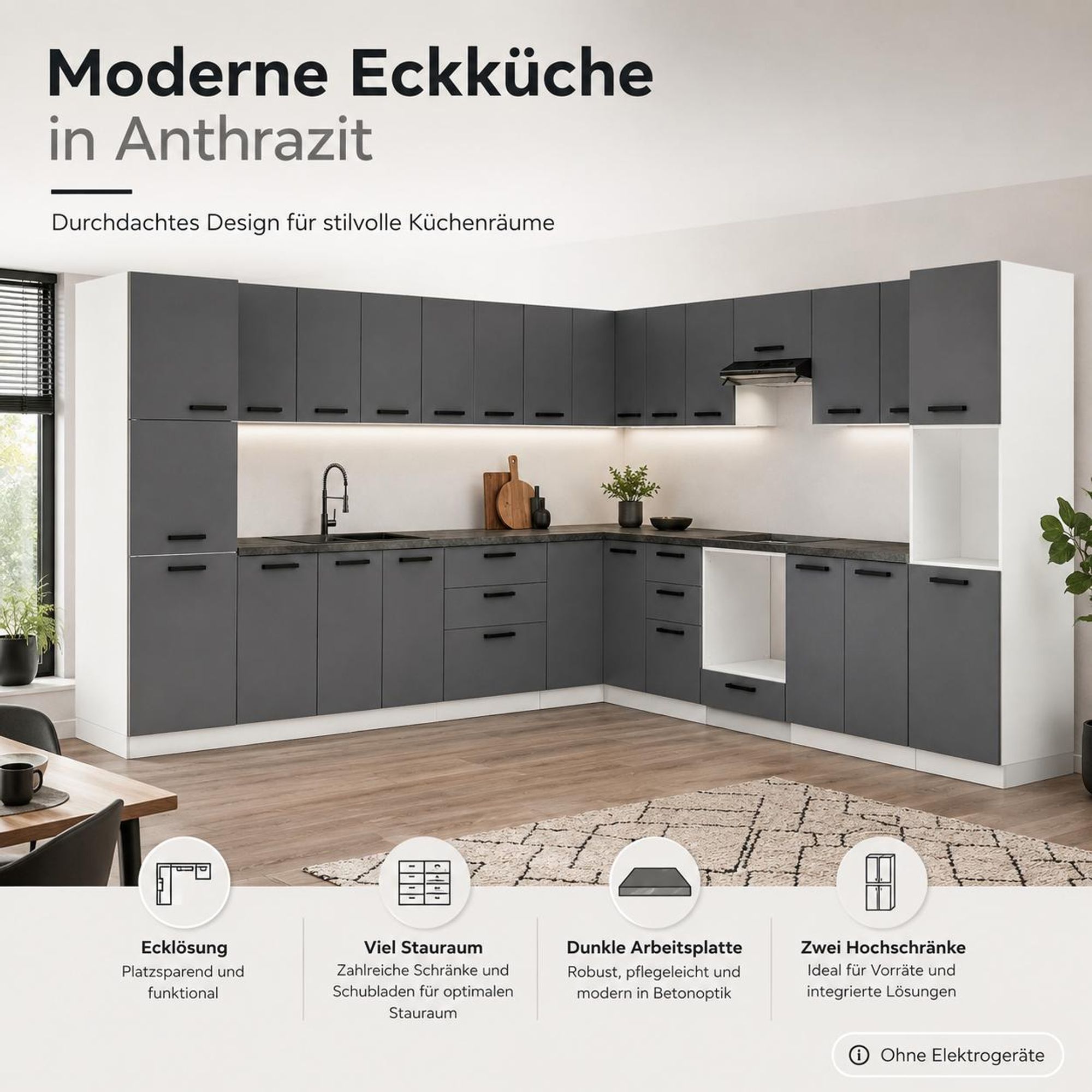 Anthrazitfarbene Eckküche mit dunkler Beton-Arbeitsplatte und zwei Hochschränken.