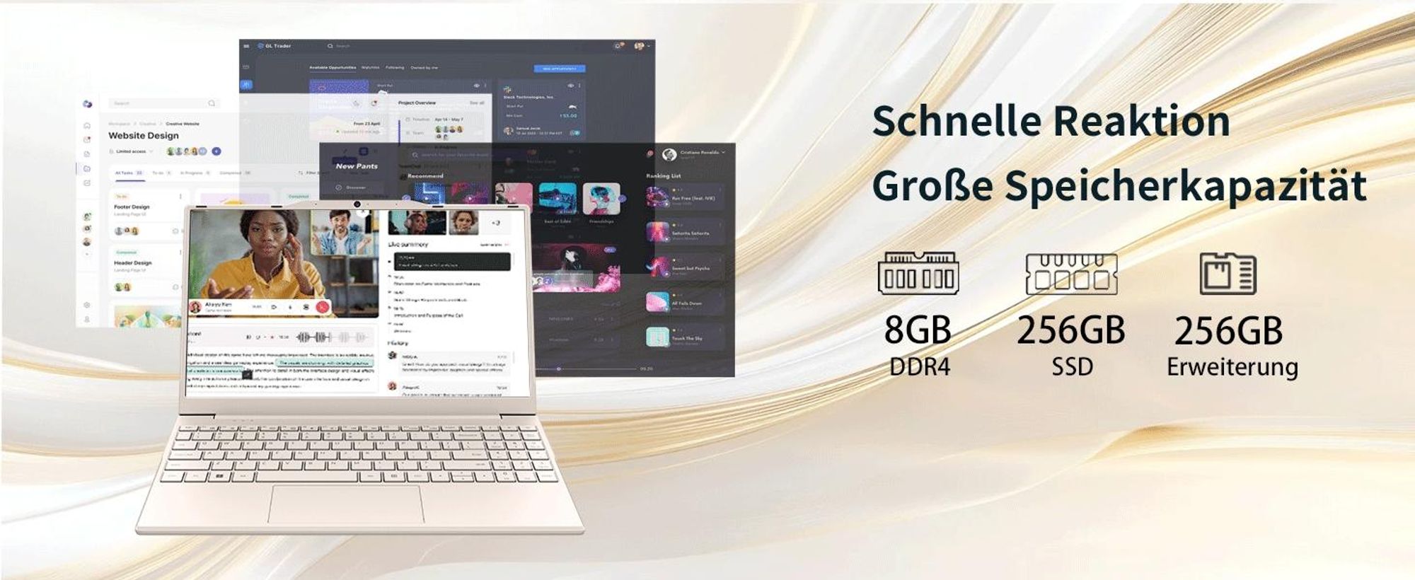Molegar 14.1-Zoll-Laptop-Computer, 8 GB DDR4 256 GB SSD, Quad-Core Intel N5095 CPU (bis zu 2,9 GHz), Studenten-/Business-Laptop mit 1080P FHD-Display, 2,4 / 5G WiFi, Perfektes Geschenk, Webcam, USB 3.0, Tastatur mit Hintergrundbeleuchtung (Rosa)