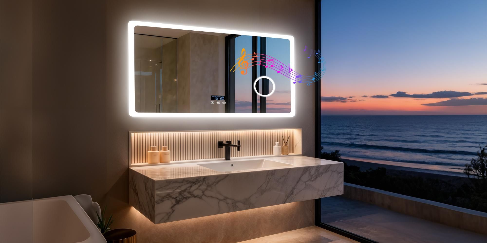 WISFOR Badezimmerspiegel mit Bluetooth und LED-Beleuchtung, 120 x 70 cm,Wandspiegel mit Uhr 3-Fach Schminkspiegel Energiesparend Speicherfunktion
