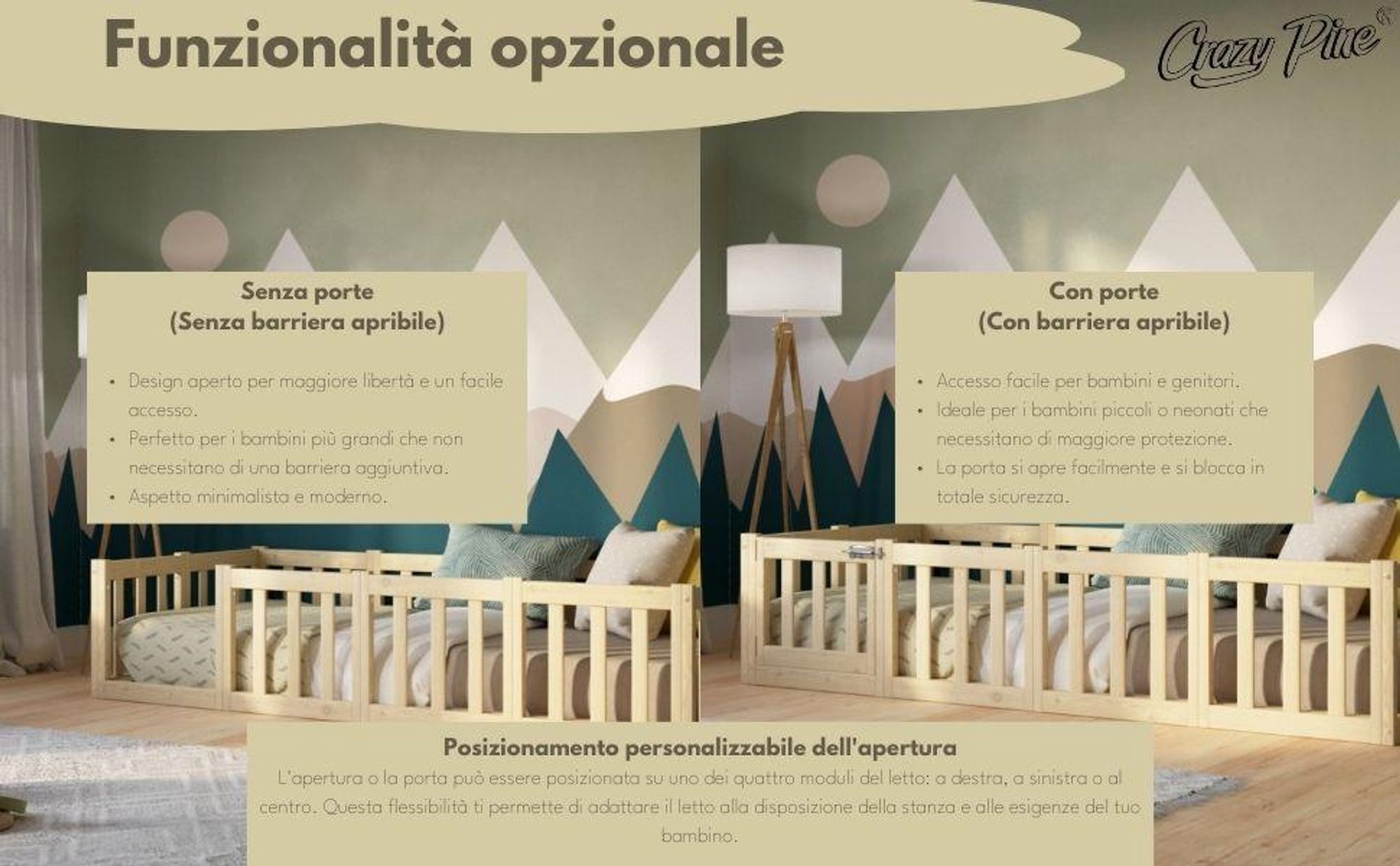 Crazy Pine Letto per Bambini 140x200 cm – Letto Montessori Bianco da Pavimento in Legno – Barriera Apribile 40 cm – Crazy Johnny