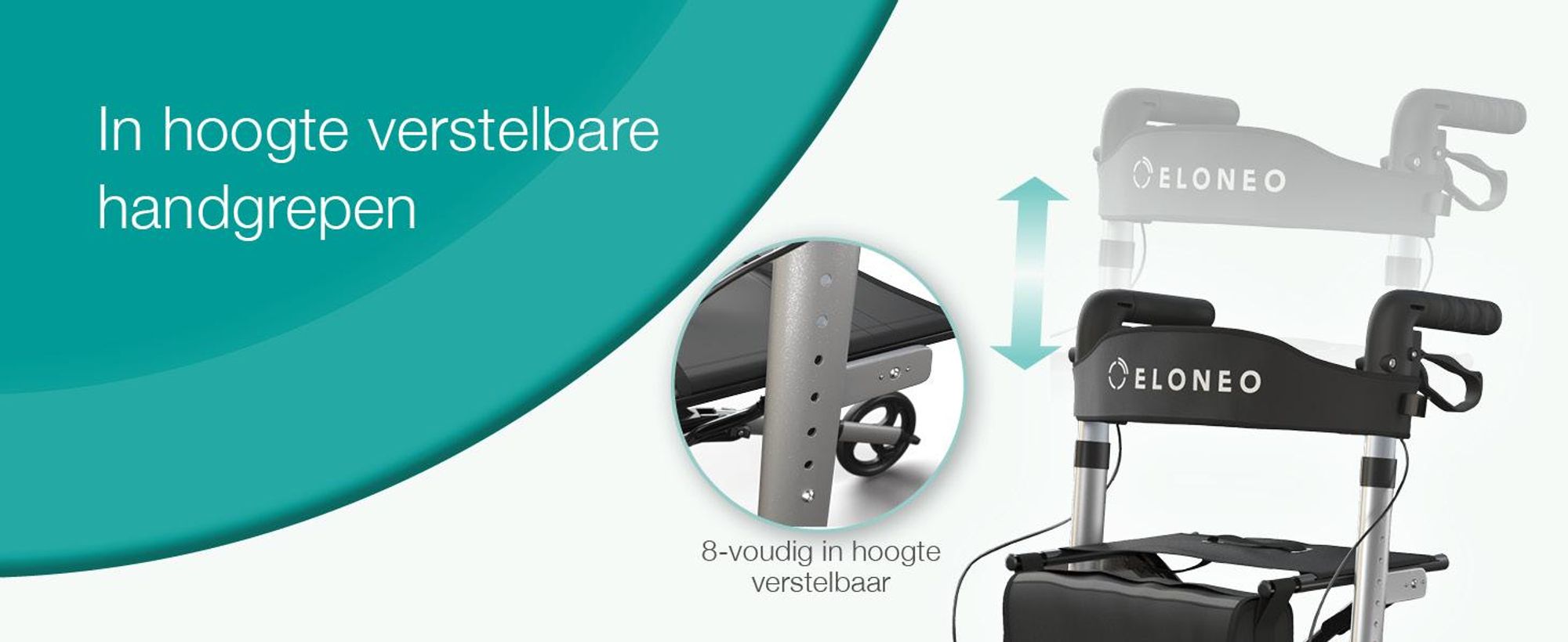 ELONEO inklapbare en lichte rollator met zitplaats, lichtgewicht reiskofferrolator van aluminium, loophulp met 8-voudige hoogteverstelling, inklapbaar in 3 standen