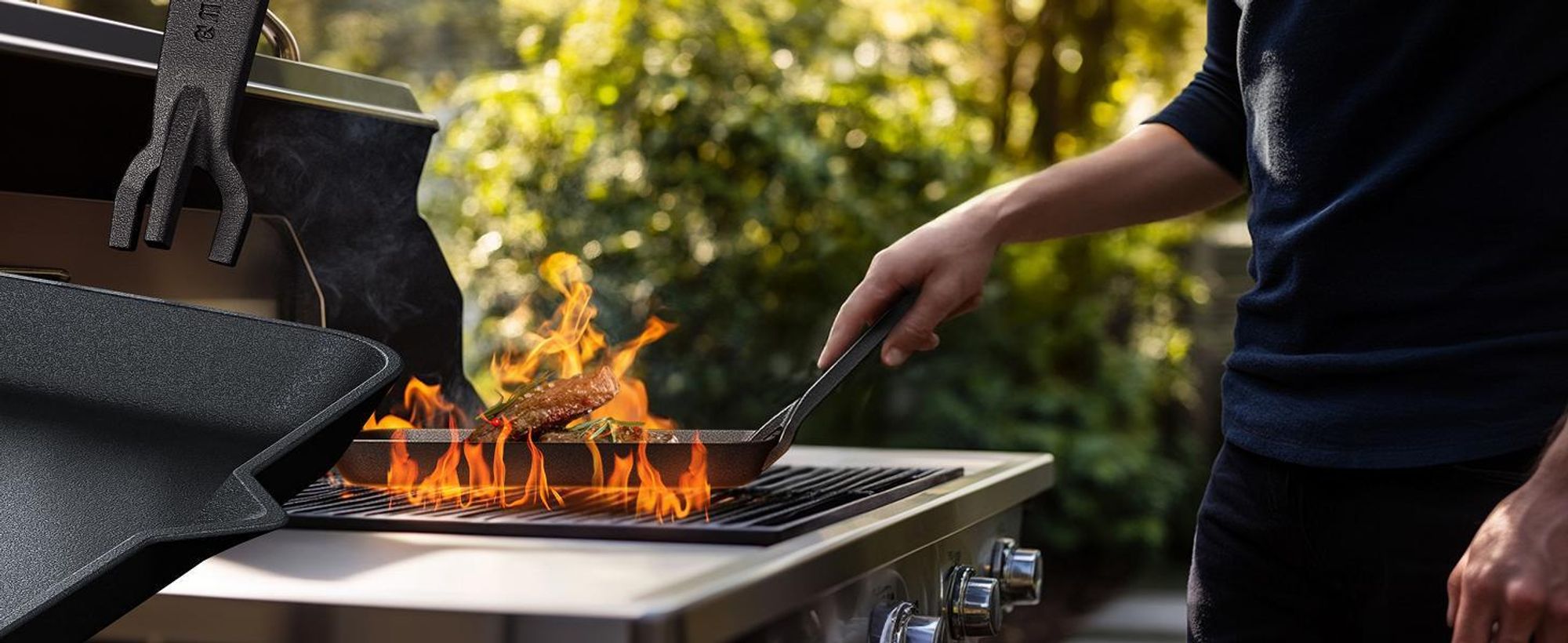 GUSSKÖNIG Fajita-Pfanne aus Gusseisen inkl. Servierbrett aus Akazienholz - Gusseisen Grillpfanne mit abnhembaren Griff - eingebrannter Grillpfanne Gusseisen