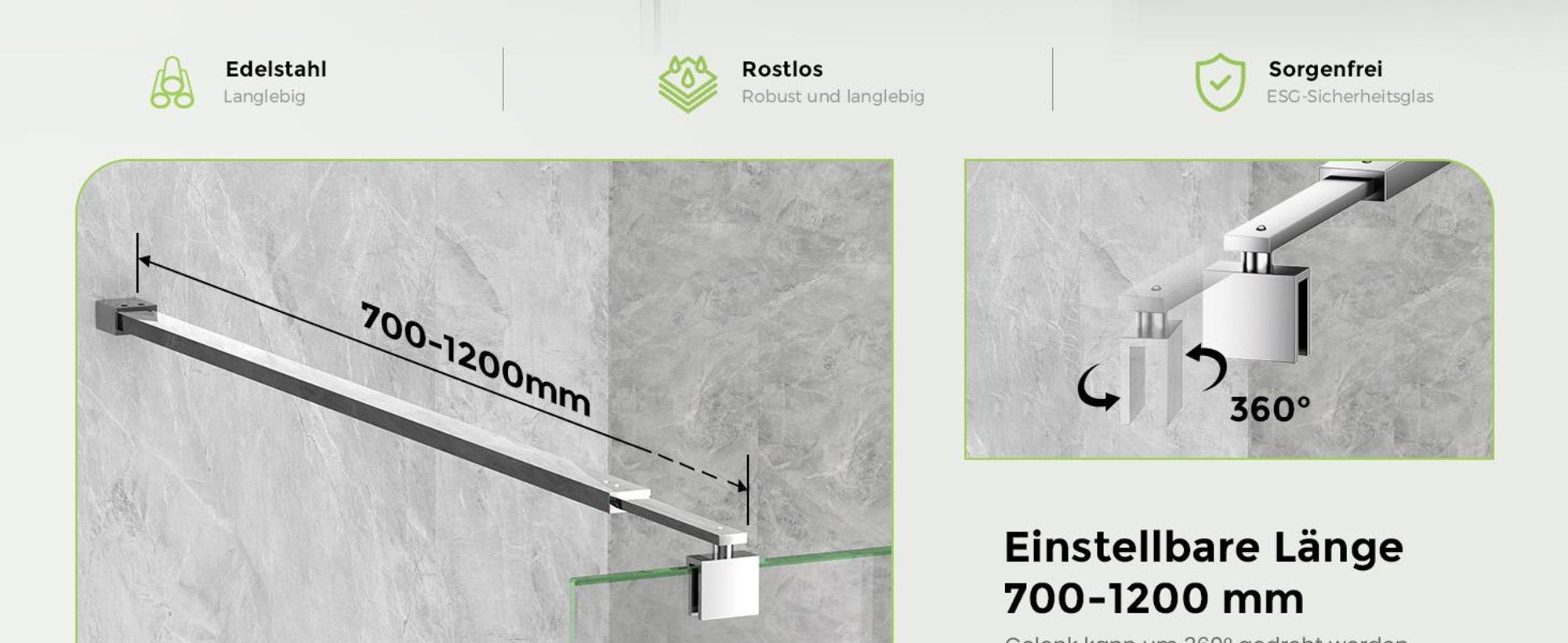 S'AFIELINA Haltestange für Duschwand 700–1200 mm, Edelstahl, Wand-zu-Glas Stabilisator für 8/10 mm Glas, Duschtür oder feste Seitenwand, 1 Stück