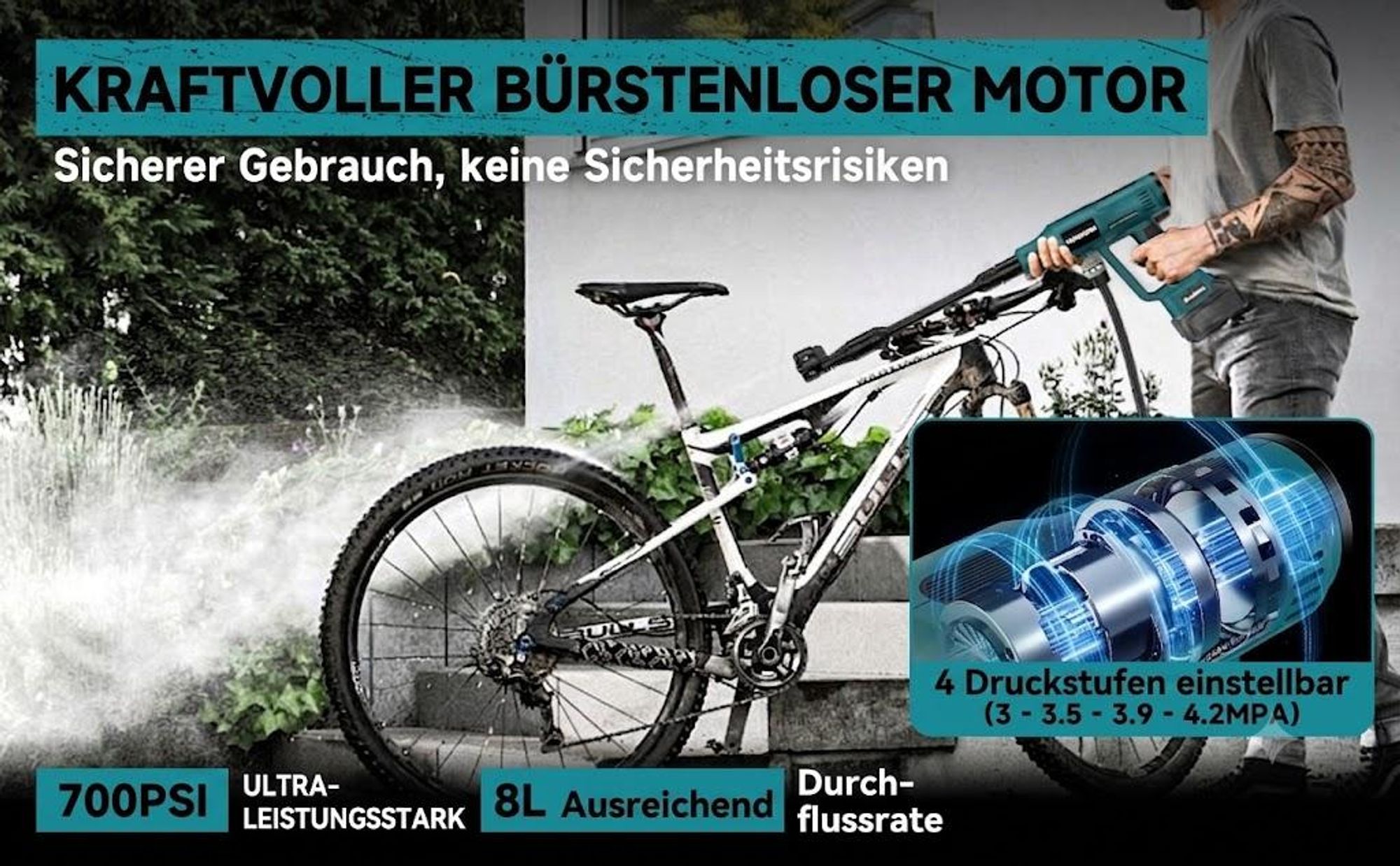 Tragbarer Akku Hochdruckreiniger 440W für Makita 18V Batterien mit Verlängerungsstange, 6-in-1 Multifunktionsdüse, zur Auto, Gärten, Terrasse