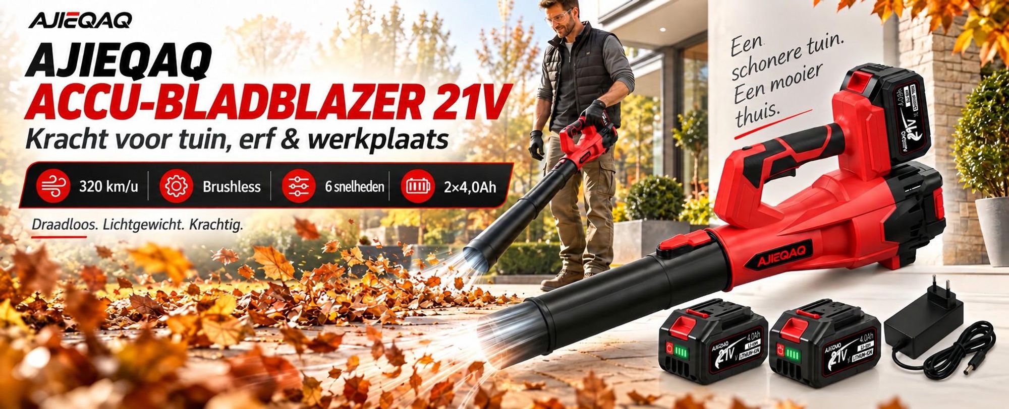 Accu Bladblazer 21V Brushless, 2×4,0Ah Accu’s, 320 km/u, 6 Standen met Turbo, 1000W, Draadloze Bladblazer met 2 Buizen