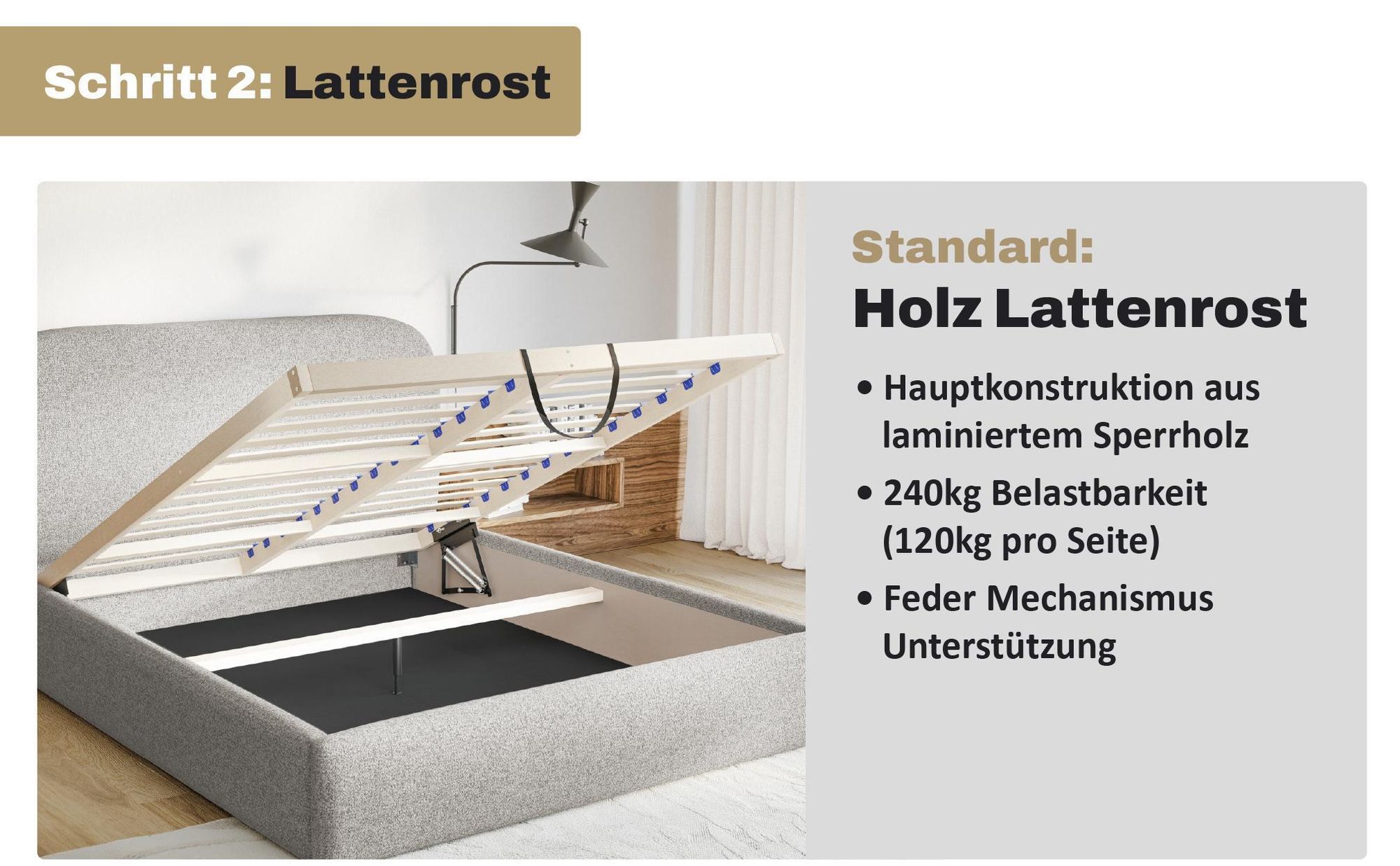 MOTIVENA Mono Polsterbett 180x200 mit Bettkasten, Holz Lattenrost, Bett 180x200 Beige Boucle (Catch Me 02)