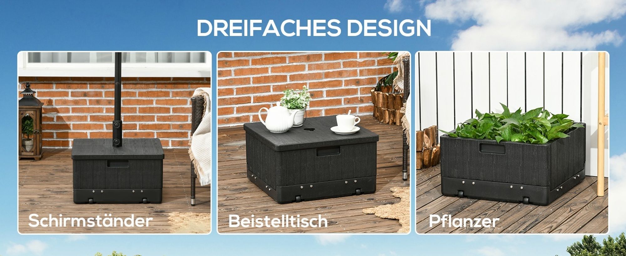 Outsunny Sonnenschirmständer bis 80 kg Sand befüllbar 3-in-1 Sonnenschirmfuß, Beistelltisch mit Griff, Rollen, Hochbeet, für Ø38/48 mm Schirmstangen Ständer für Garten, Balkon, Schwarz