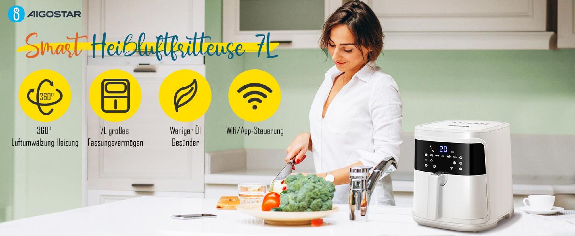 Aigostar - Air Fryer 7L 1900W, 5-in-1 ölfreie Fritteuse, 7 voreingestellte Funktionen mit LED-Bildschirm
