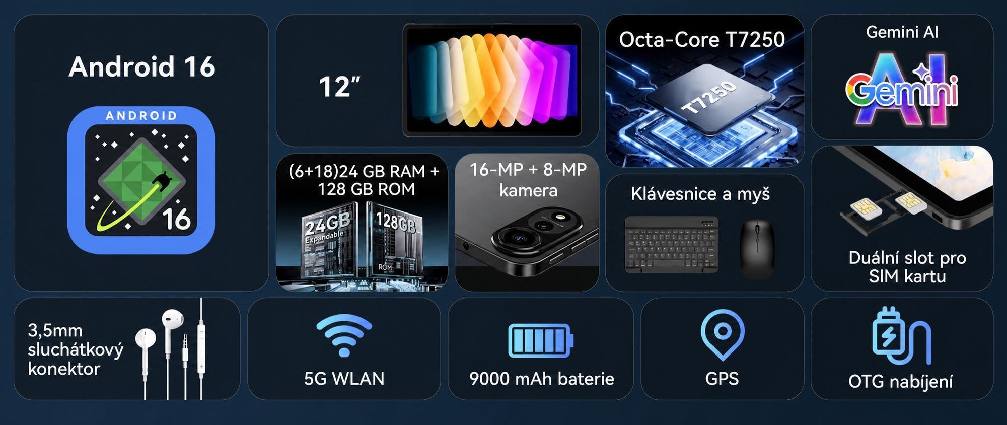 Tablet Nexall N90 s Androidem 16, 12" FHD InCell s obnovovací frekvencí 120 Hz, 24 GB (8+16) RAM + 128 GB ROM (podpora TF karet až 2 TB), 5G, WiFi/4G SIM, 9000 mAh/18 W, Gemini AI, včetně stylusu, klávesnice a myši