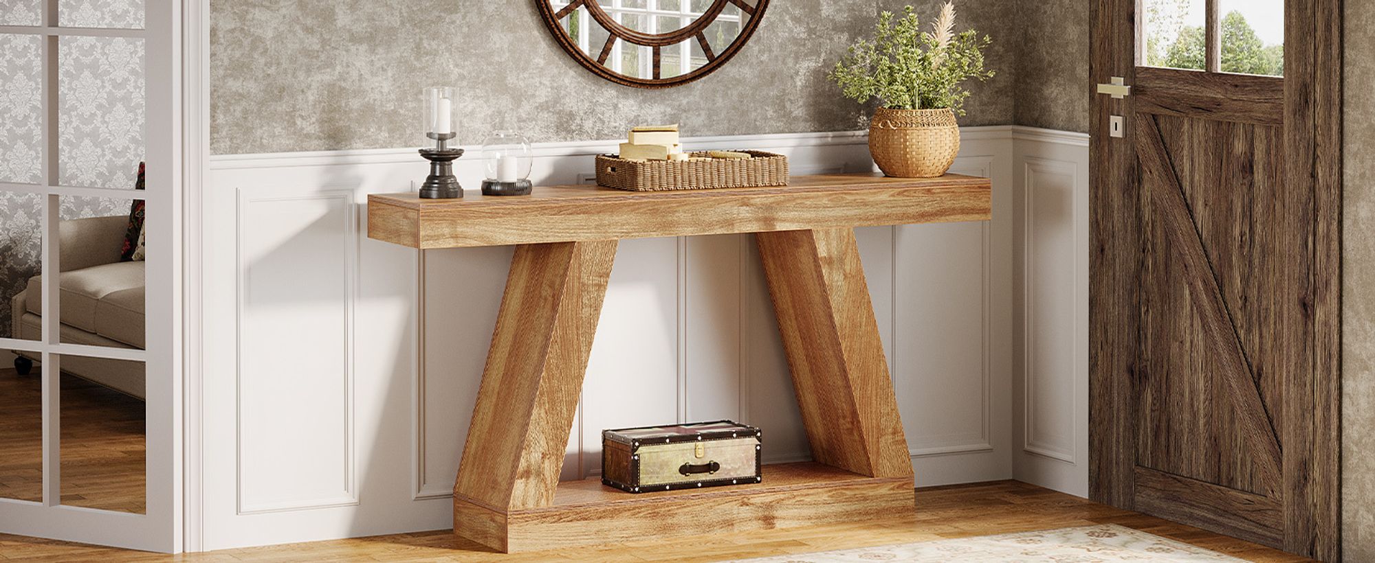 Tribesigns Farmhouse Konsolentisch, 140 cm rustikaler Sofatisch mit Stauraum, industrieller Eingangstisch aus Holz für Flur, Wohnzimmer, Naturbraun