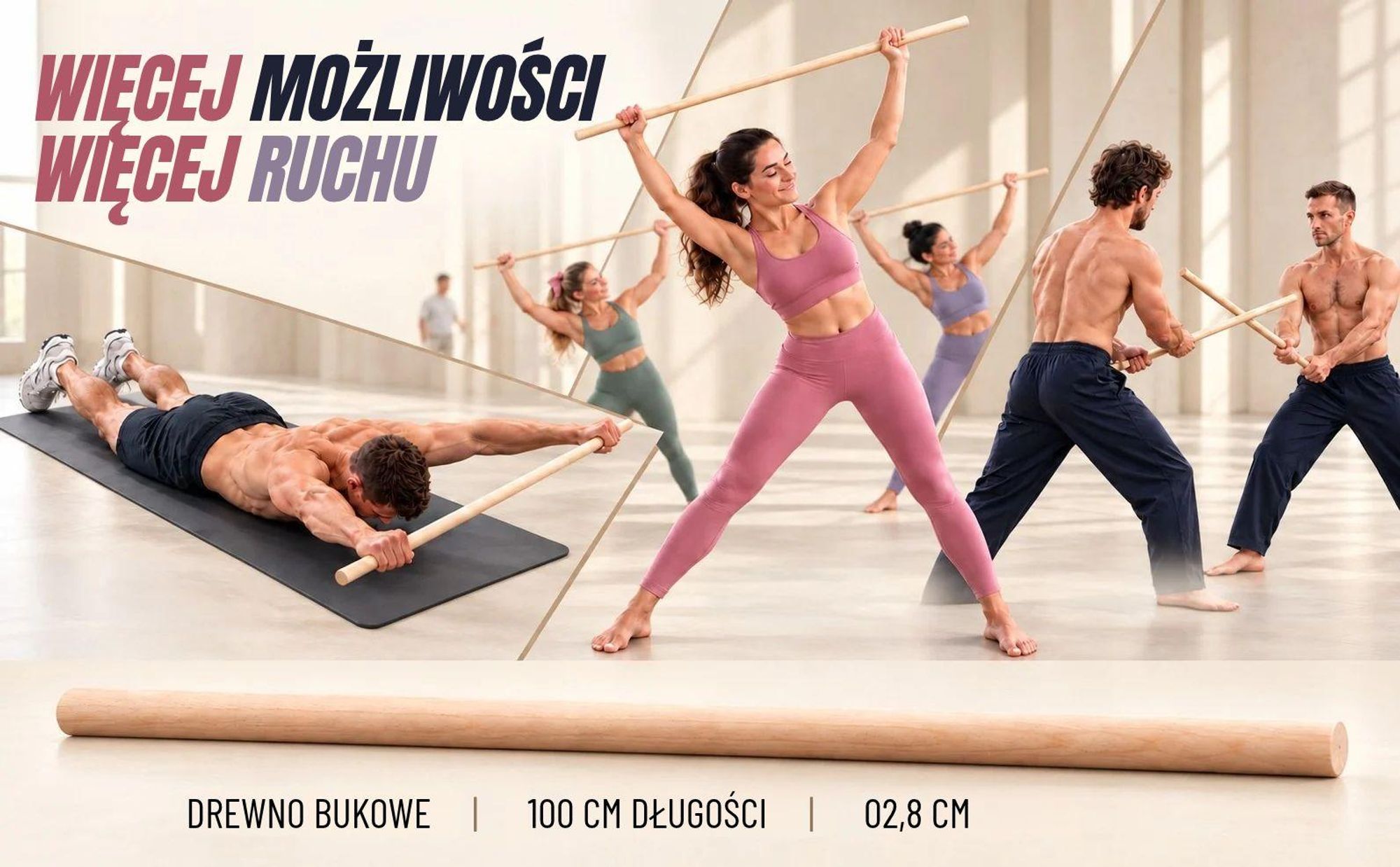 MOE UHANE® Drewniany kij gimnastyczny 100 cm do ćwiczeń, jogi, fitnessu, mobilności i równowagi, kij do rozciągania dla dzieci i dorosłych