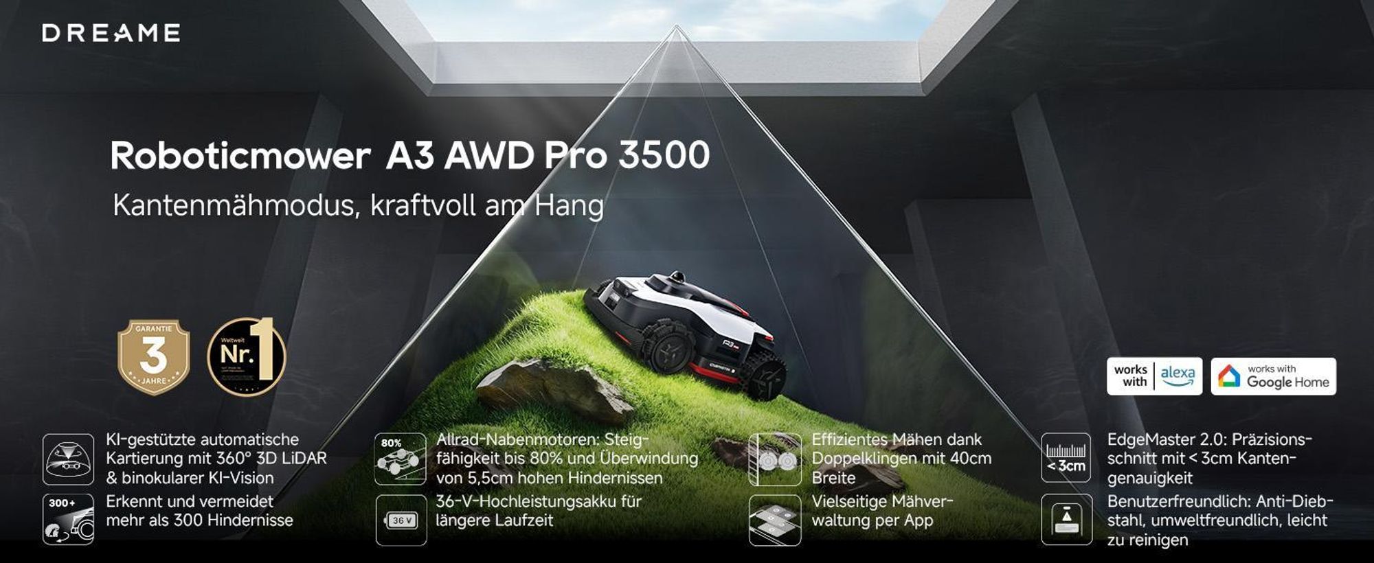 DREAME A3 AWD Pro-3500 Mähroboter,OmniSense 3.0,360° 3D LiDAR,KI binokulare Sicht＆automatische Kartierung, Allradantrieb mit Nabenmotoren,3500㎡,38,7°