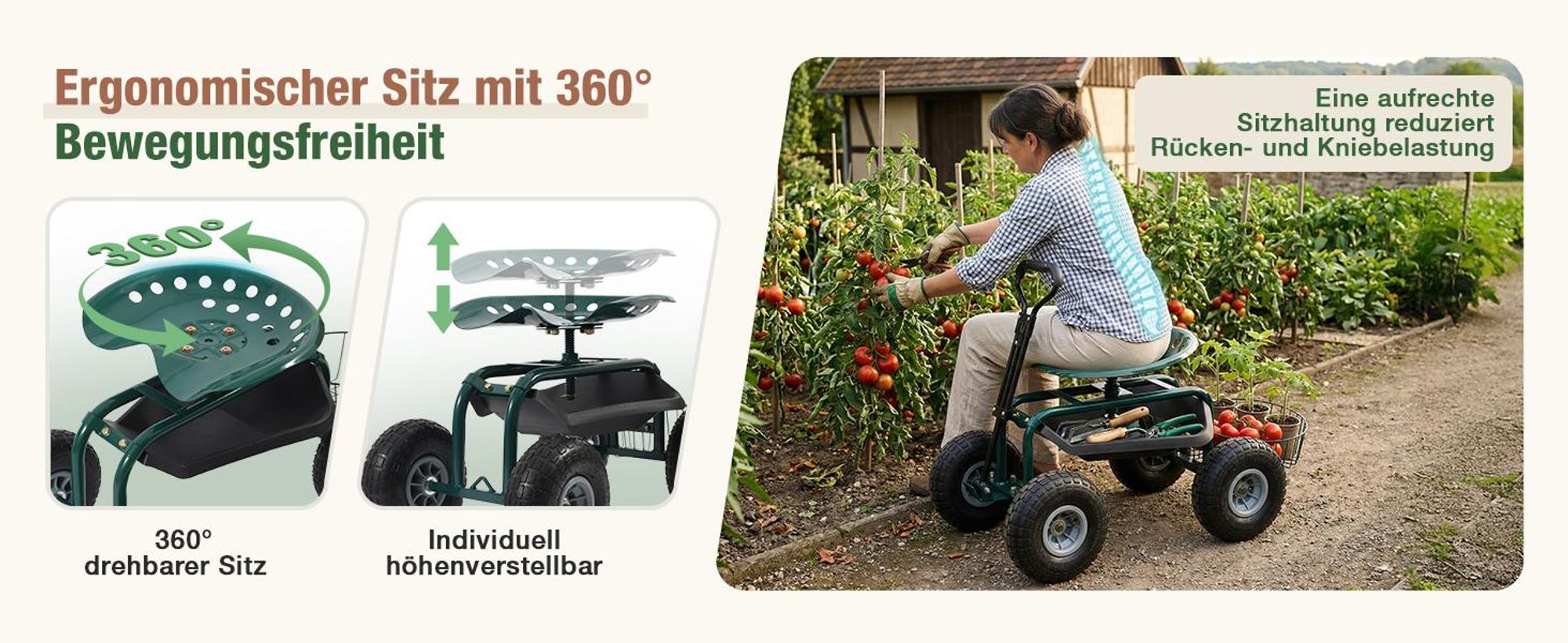 Sekey Kniebank Rollsitz Garten 360 Grad Drehbar Luftreifen Gartensitz Erntehilfe bis 180kg Belastbar Gartenhocker Griff Ablage für Gewächshaus