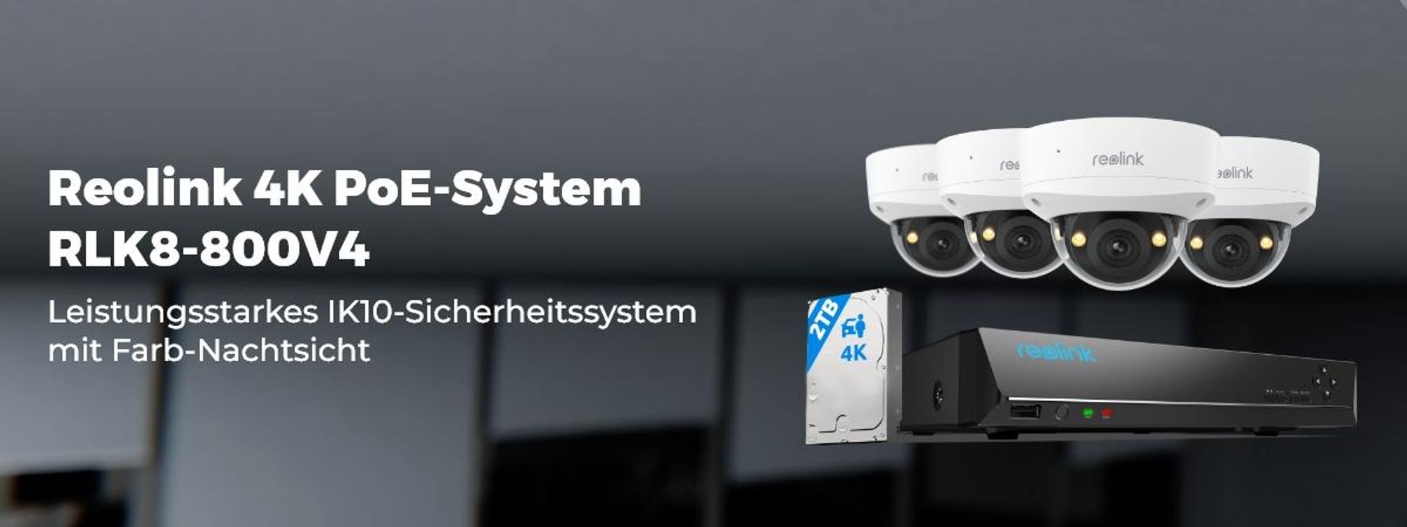 Reolink RLK8-800V4 Überwachungssystem, 4X 4K 8MP IK10 PoE Überwachungskamera & 8CH 2TB HDD NVR, 125° Weitwinkel, Smarte Erkennung, Farbnachtsicht