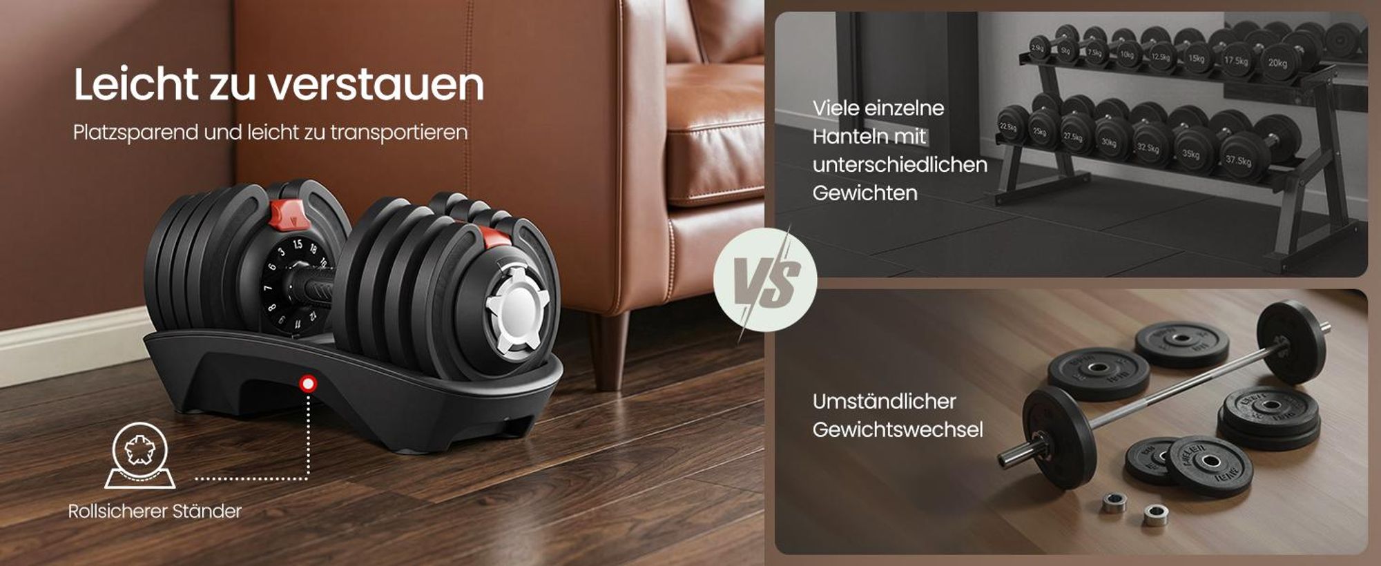 SONGMICS Kurzhanteln 2er set, verstellbar, 12-in-1, 1,5 kg bis 18 kg, mit Ständer, schwarz-rot