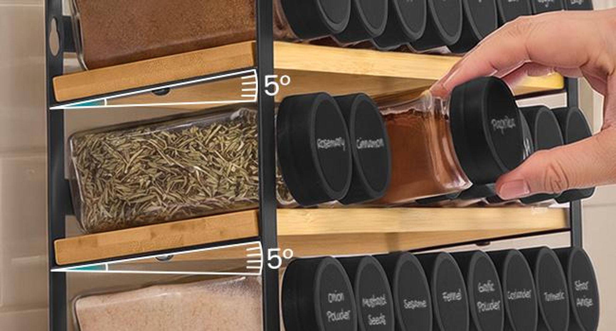 SONGMICS Gewürzregal mit 28 Gewürzgläsern, Gewürz-Organizer, Küchenregal, mit Etiketten und Zubehör, schwarz-naturfarben