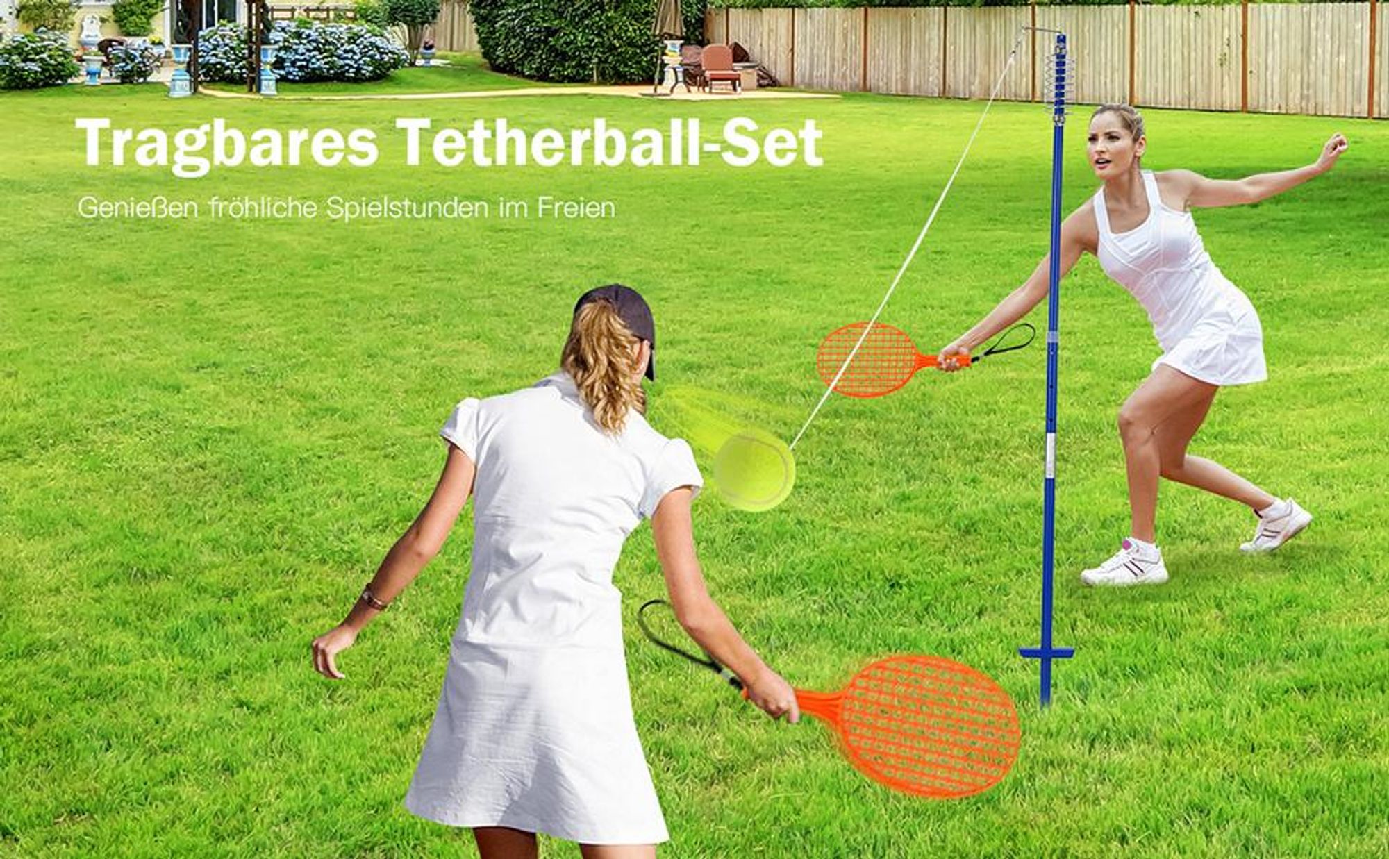 COSTWAY 3-stufig höhenverstellbares Tetherball Set, Twistball Set inkl. Ball｜2 Schlägern ｜120cm Schnur, Tennisball an Schnur, Tennis Spiel für Solo und Team