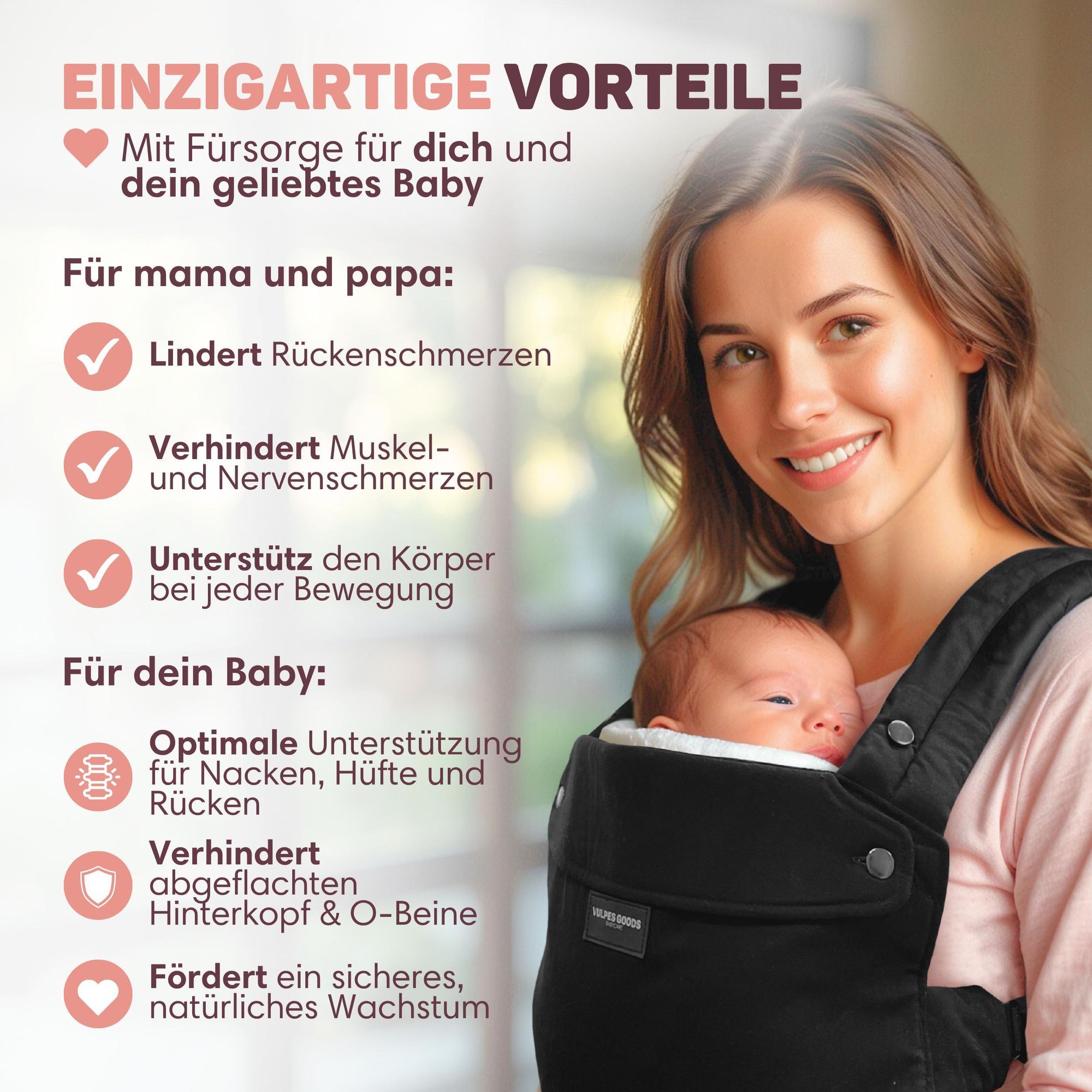 Vulpes Goods Tragetuch Baby & Neugeborene bis 20 kg | Babytragetuch M-Position mit Rückenstütze | Baby-Tragegurt mit 3 Tragepositionen