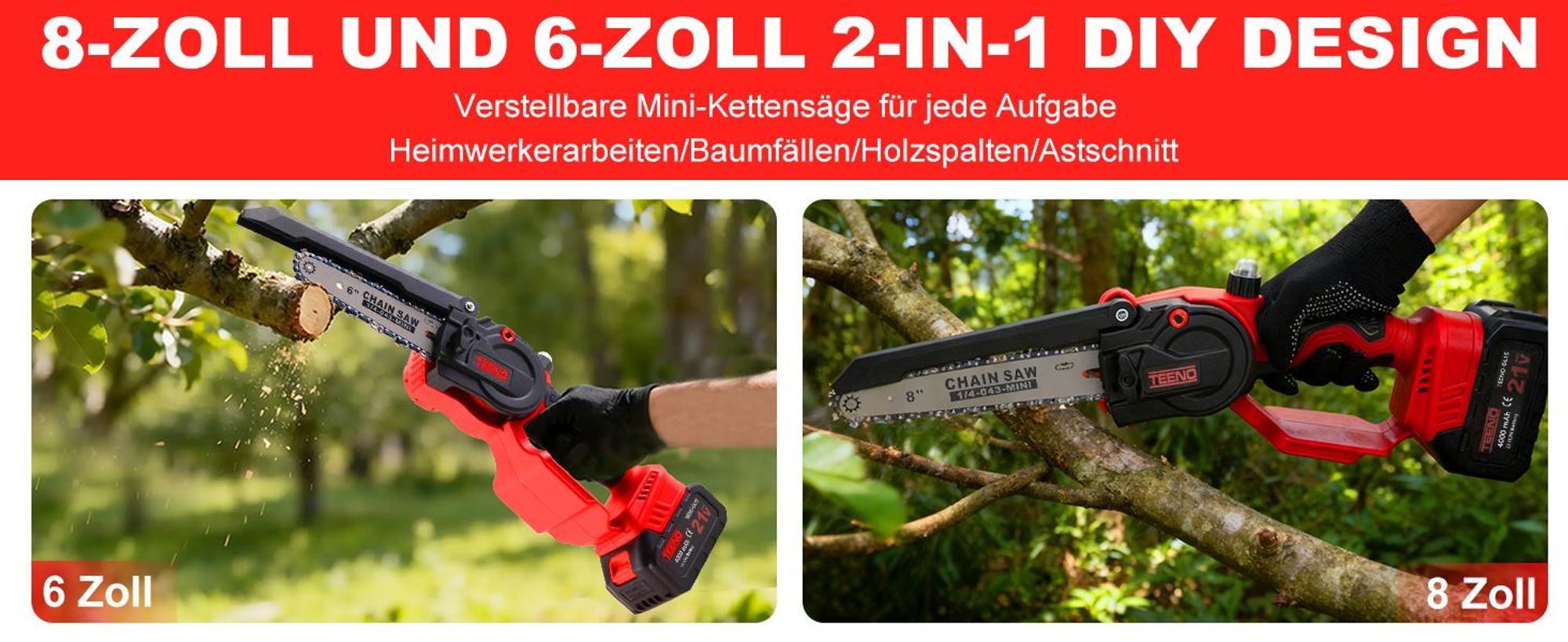 TEENO Akku Mini Kettensäge 6&8 Zoll 2-in-1, 6 Ketten (3×6"+3×8"), Bürstenloser Motor, 2×4000mAh Li-Ion Akku, 5500 U/min, Leicht & Tragbar für Garten