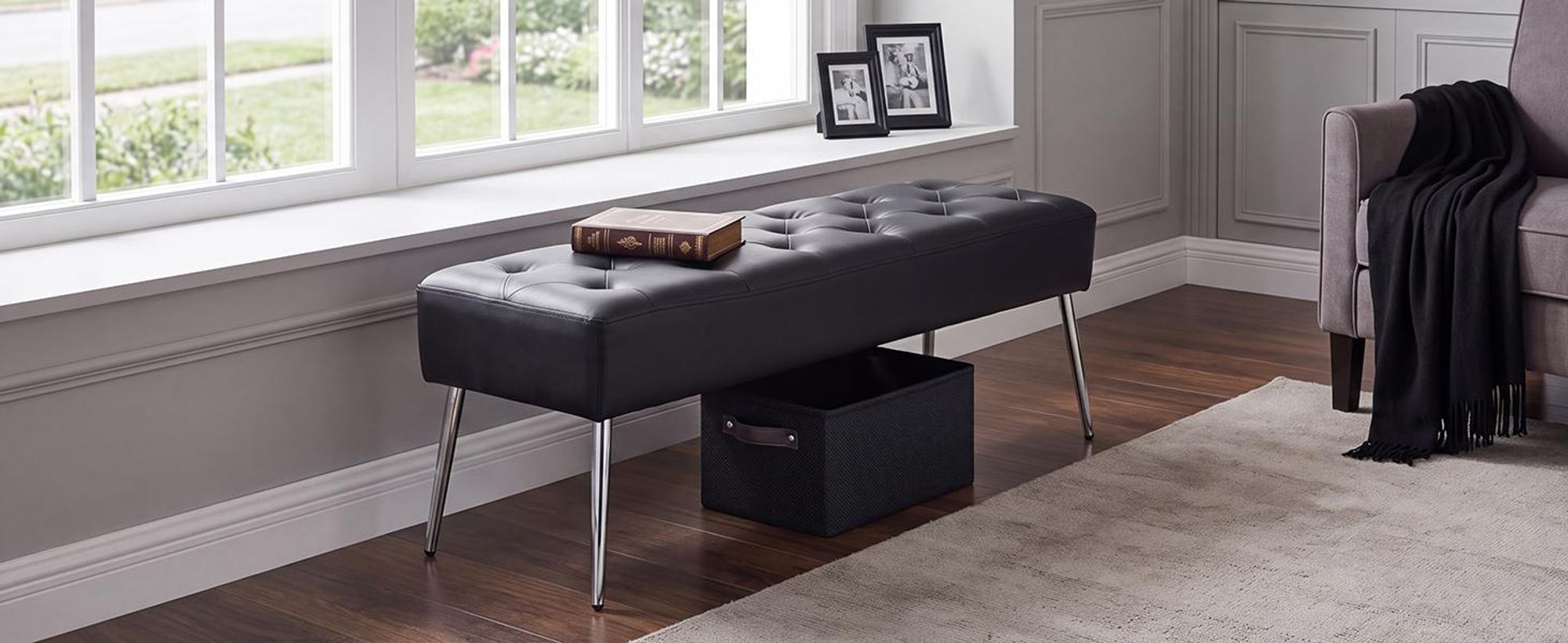 Duhome zitbank van kunstleer, gestoffeerde bank, make-up krukje, make-up tafel. Kleur: zwart, materiaal: kunstleer