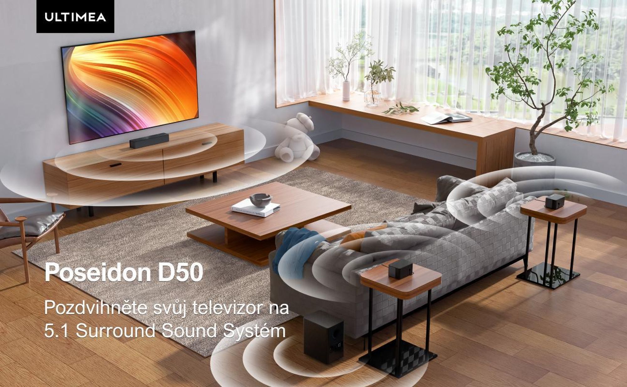 ULTIMEA 5.1 Surround Soundbar 320W, virtuální prostorový systém, Soundbar se subwooferem a zadními reproduktory, prostorové a basové nastavení domácího kina