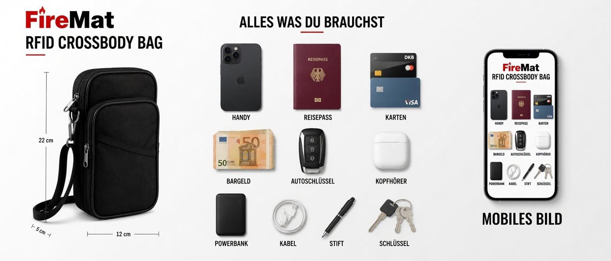 RFID Crossbody Bag für Handy, Reisepass, Karten, Bargeld, Schlüssel und Powerbank