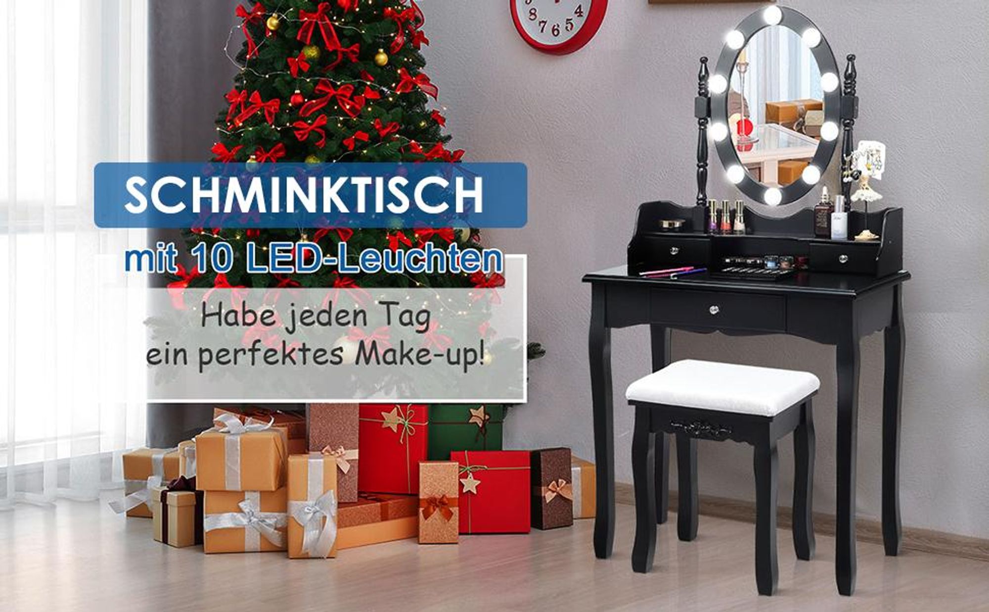 COSTWAY Schminktisch mit Hocker, 360° drehbarem Spiegel, 10 dimmbaren LED-Birnen & abnehmbarer Oberteil, Frisiertisch, Kosmetiktisch 75x40x146cm Weiß