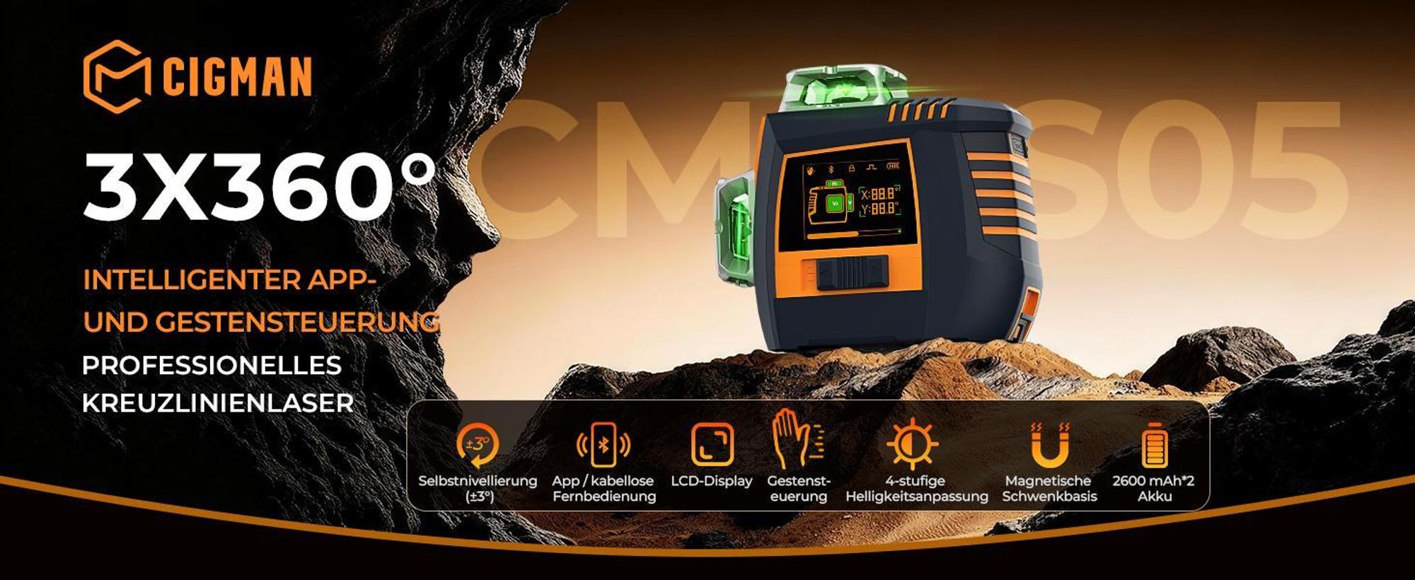 CIGMAN CM-S05 Kreuzlinienlaser 3x360 Grad, Gestensteuerung, App-Anbindung, LCD-Display