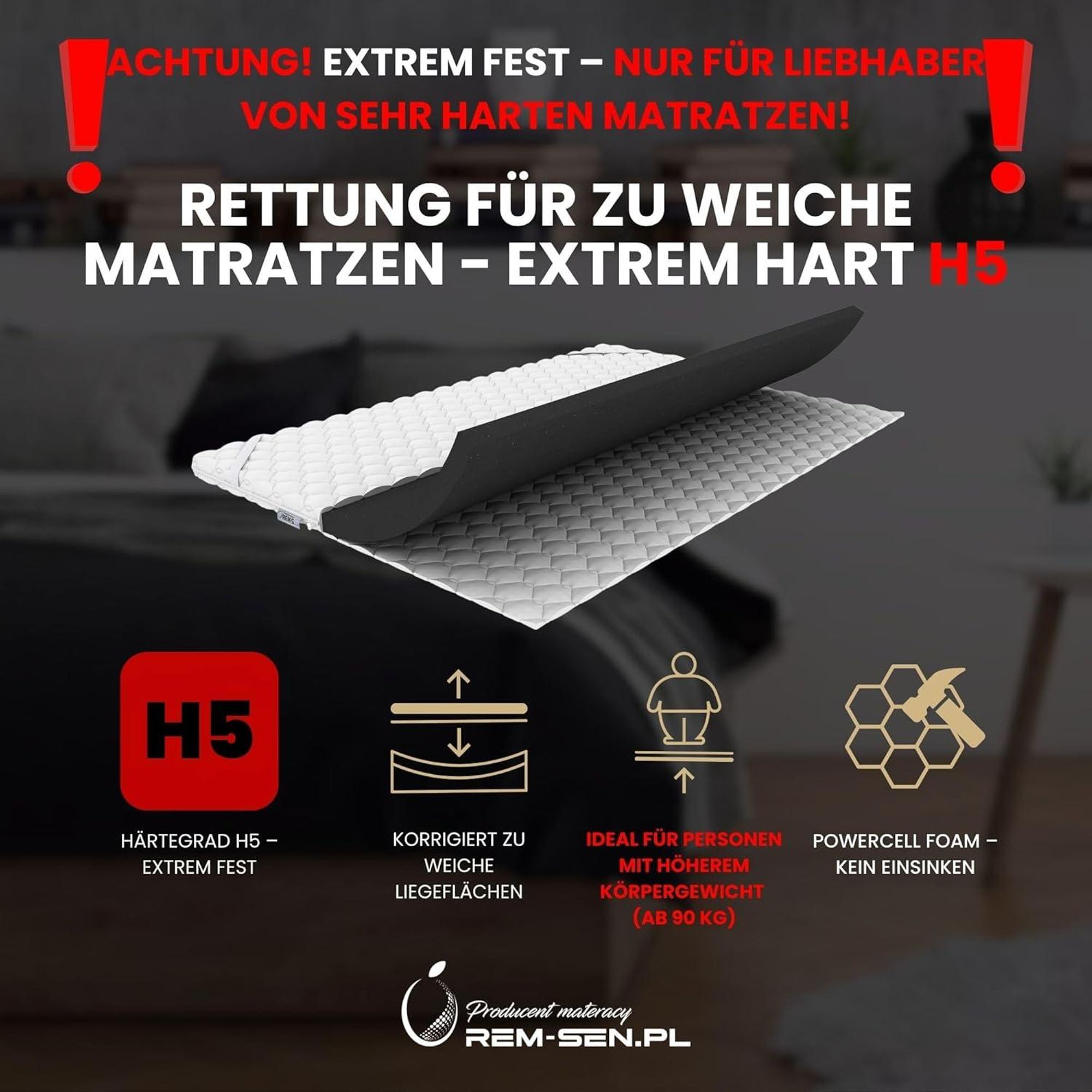 REM-Sen Matratzen Topper Matratzentopper 180x200cm Höhe 6cm Härtegrad 5 (H5) Mattress Topper aus sehr hart Polyurethanschaum, Dreilagige Membranhülle Für Sofa oder jeden Platz,