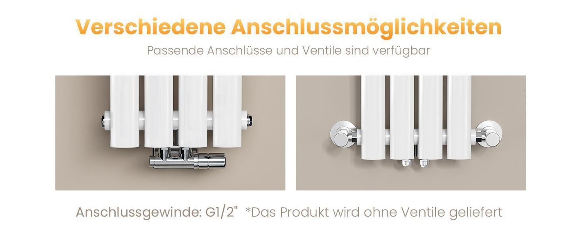 EMKE Design-Röhrenheizkörper für Warmwasserbetrieb Mittelanschluss Vertikal Oval Einlagig 483 Watt 24cm x 180cm Weiß ohne Heizstab