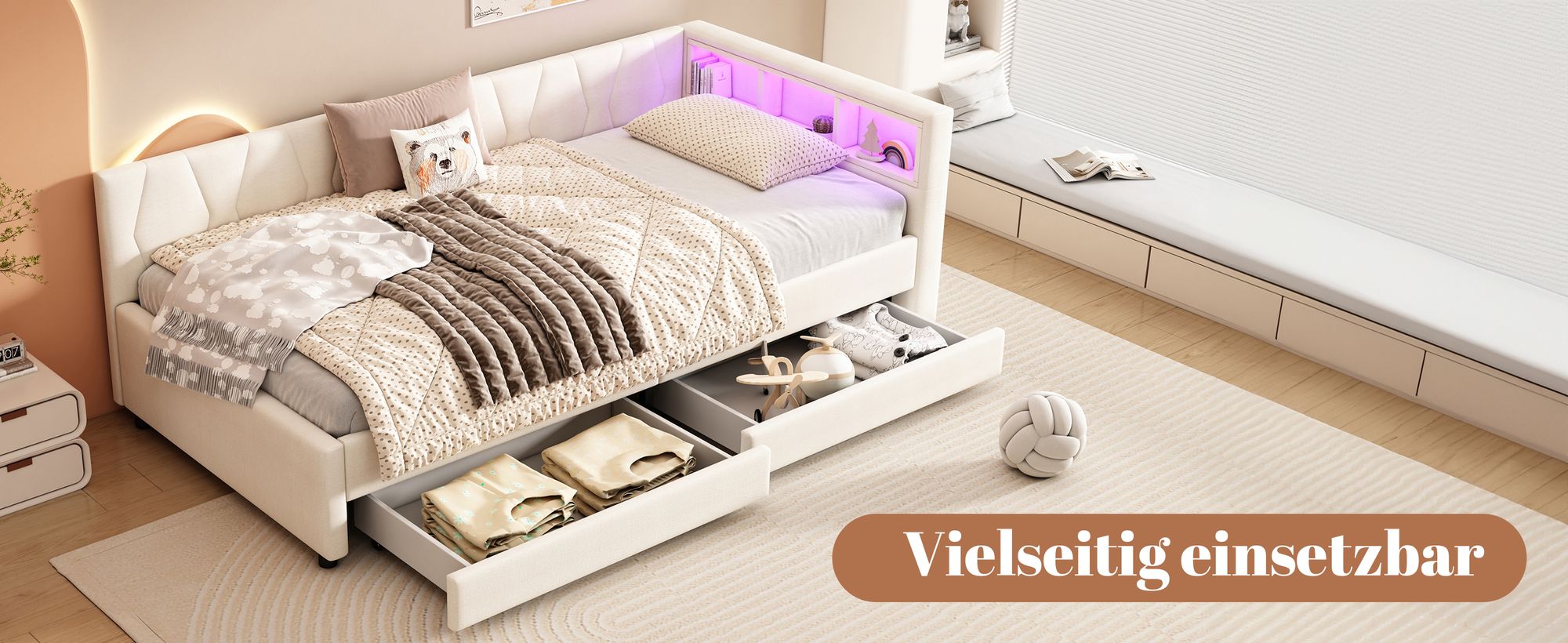 MODFU Schlafsofa Tagesbett 90x200cm mit LED-Umgebungslicht, USB+Typ C und Ablagefach am Bett,Daybett Kinderbett, Polsterbett Jugendbett, Beige(Ohne Matratze)