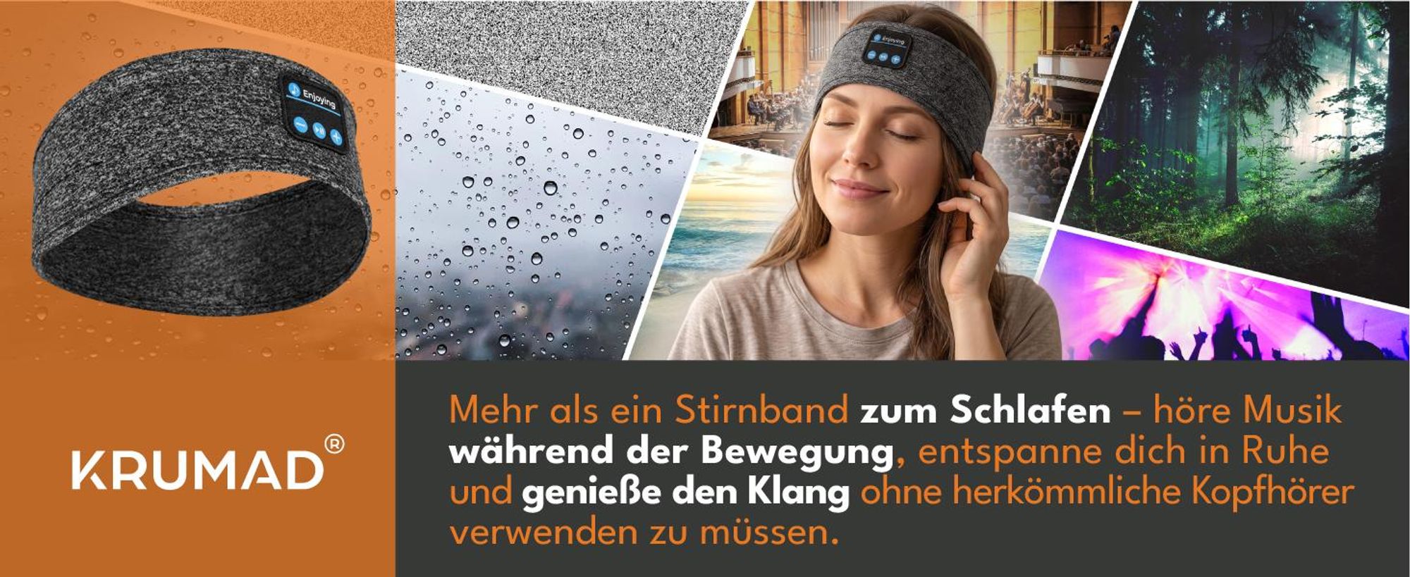 KRUMAD Schlafkopfhörer Bluetooth 5.3, Kopfhörer Stirnband für Seitenschläfer, kabellose Stereo Kopfhörer mit Lautsprechern, Musik und Schlaf
