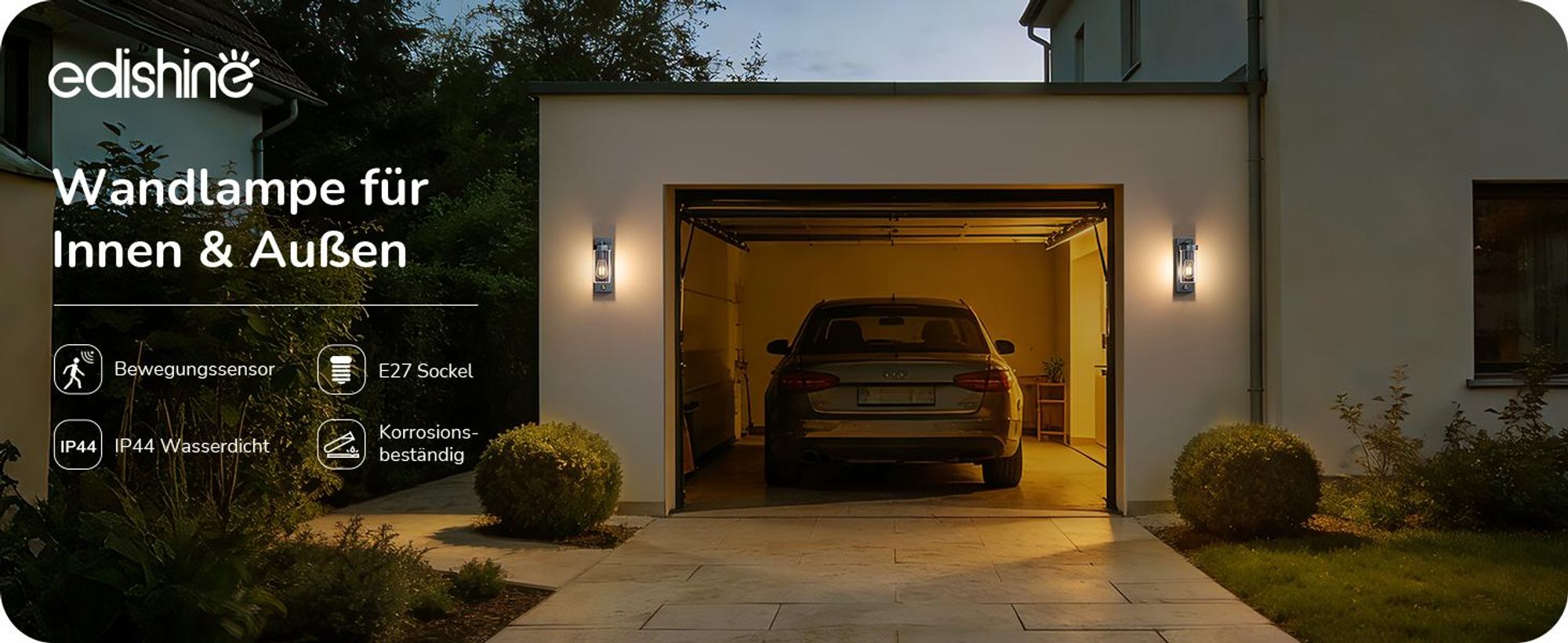 EDISHINE Außenwandleuchte mit Bewegungsmelder, Aluminium, Moderne Wandlampe mit Dämmerungssensor, für Haustür, Terrasse, Garage