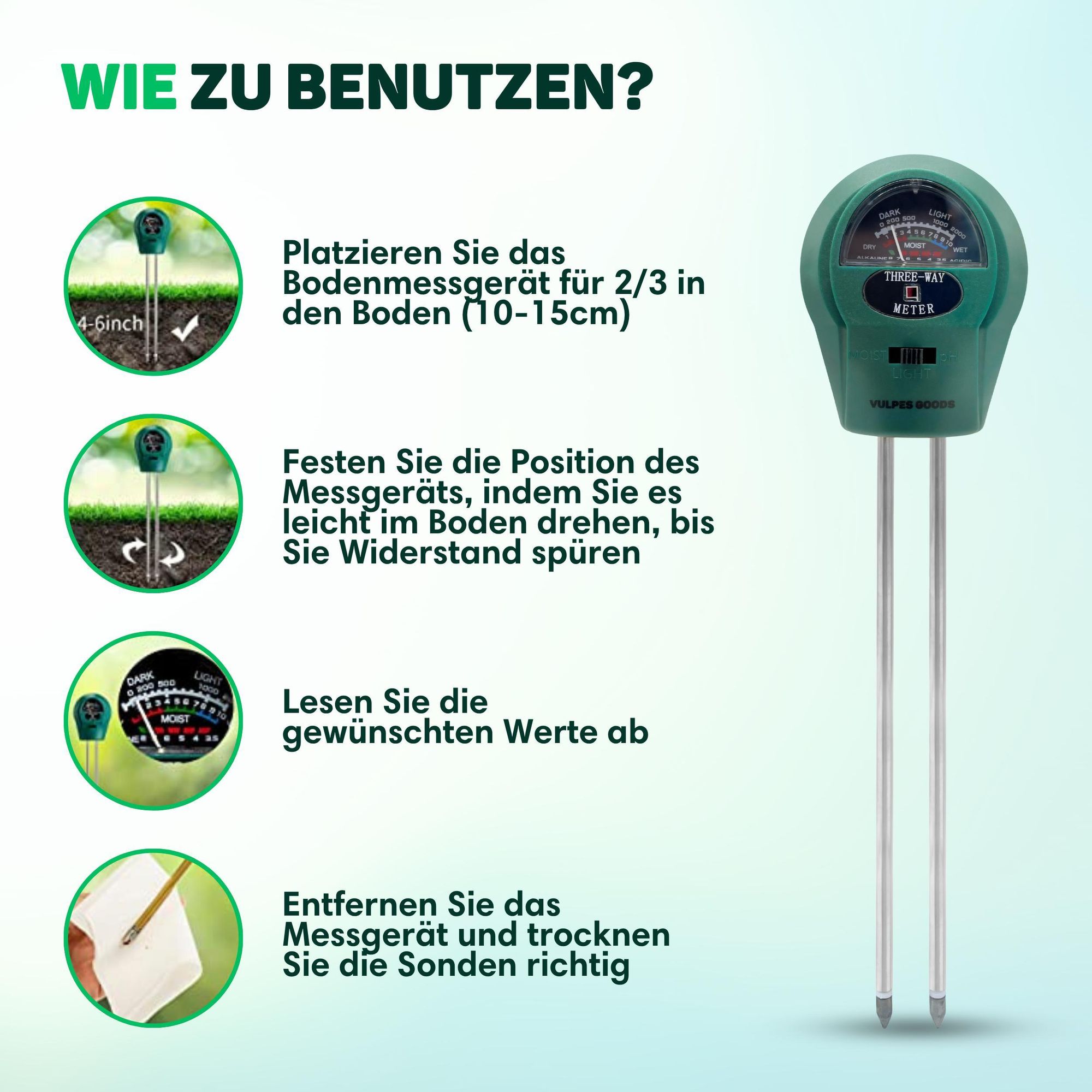 Vulpes Goods Boden Feuchtigkeitsmessgerät, Für Pflanzen, 3-in-1, Feuchtigkeitsmesser für die Gartenarbeit, pH Licht, Blumen, Pflanzen, Boden testen