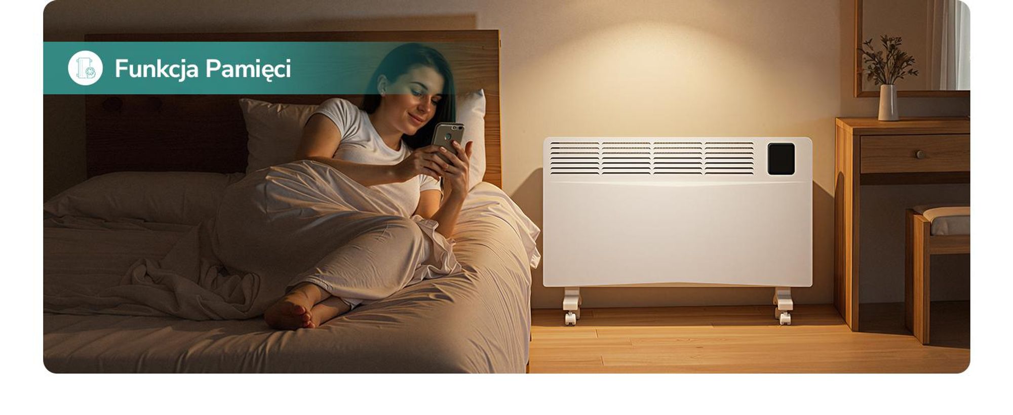 Grzejnik konwektorowy EMKE 2000 W z WiFi i aplikacją, energooszczędny grzejnik elektryczny, grzejnik ścienny i stojący z kółkami, timer 24/7, biały