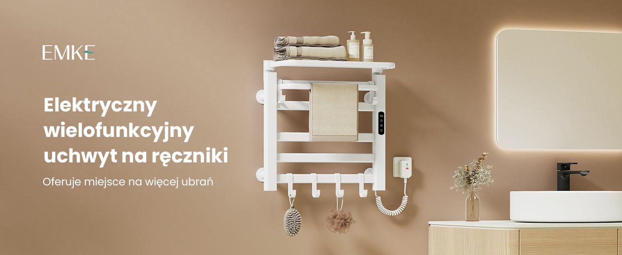 EMKE Grzejnik łazienkowy elektryczny 500x500 mm, 140W, dwurzędowy, płaskie rurki, półka i haki, WiFi Tuya Alexa, biały połysk