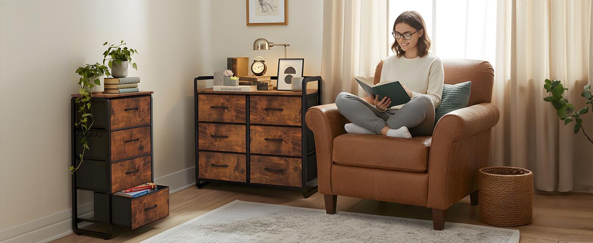 HOKEEPER Kommode, Kommoden mit 6 Schubladen aus Stoff, Schrank für Schlafzimmer,Sideboard Wohnzimmer, Chest of Drawers mit Stabiler Stahlrahmen