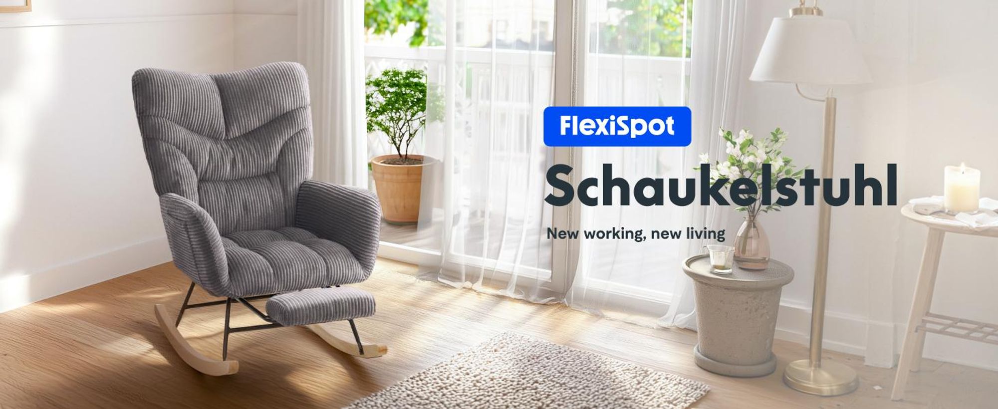 FLEXISPOT Schaukelstuhl Schaukelsessel hohe Rückenlehne & Fußstütze, Moderner Relaxsessel mit Holzkufen, gepolstert für Wohnzimmer, bis 120 kg Grau