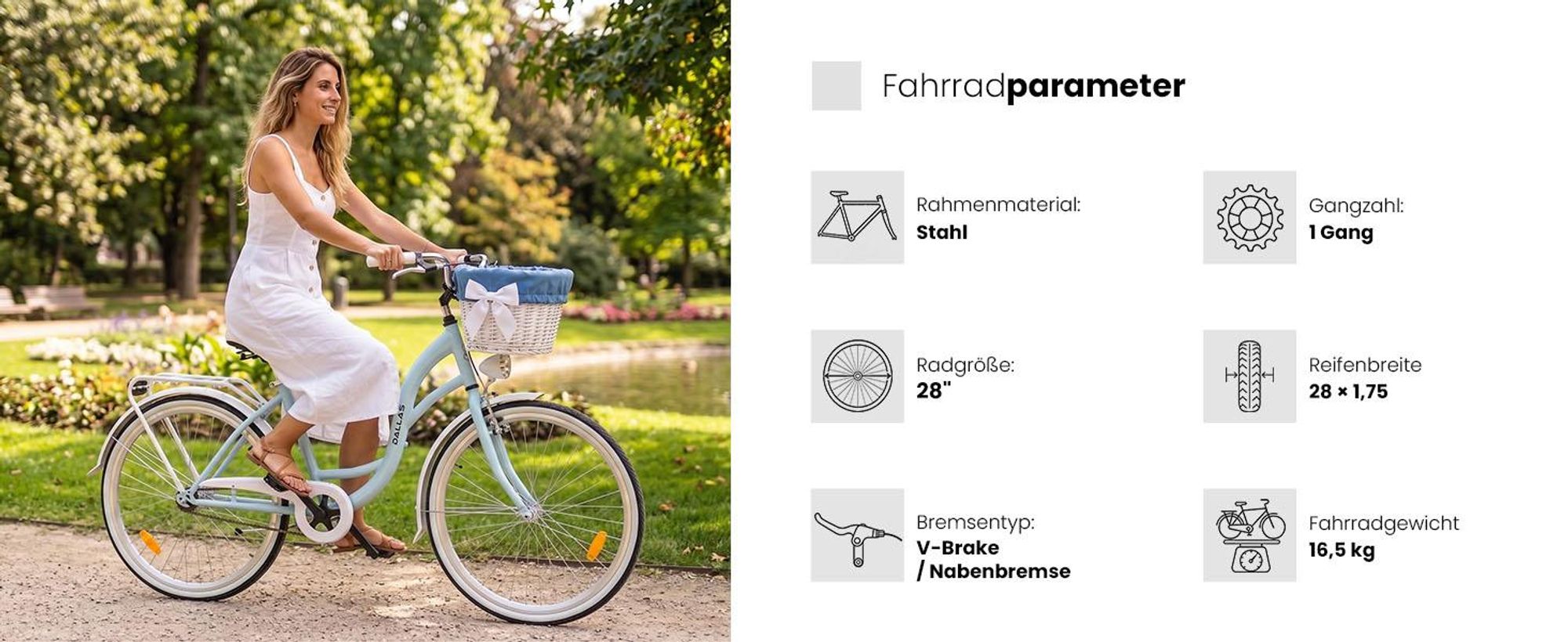 Dallas Bike Damenfahrrad 28 Zoll - Mit Weidenkorb - 1-Gang Rücktritt - Rahmen M 18" - Blau-Weiß