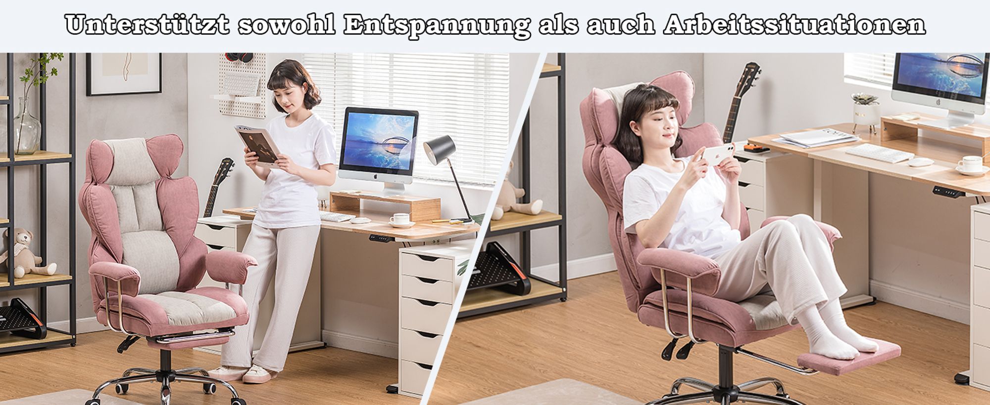 COMHOMA Bürostuhl Gaming Stuhl, Gamer Stuhl, Ergonomischer Bürostuhl Stoffoberfläche mit Fußstütze, höhenverstellbar, Schreibtischstuhl, Chefsessel, rosa-stoff