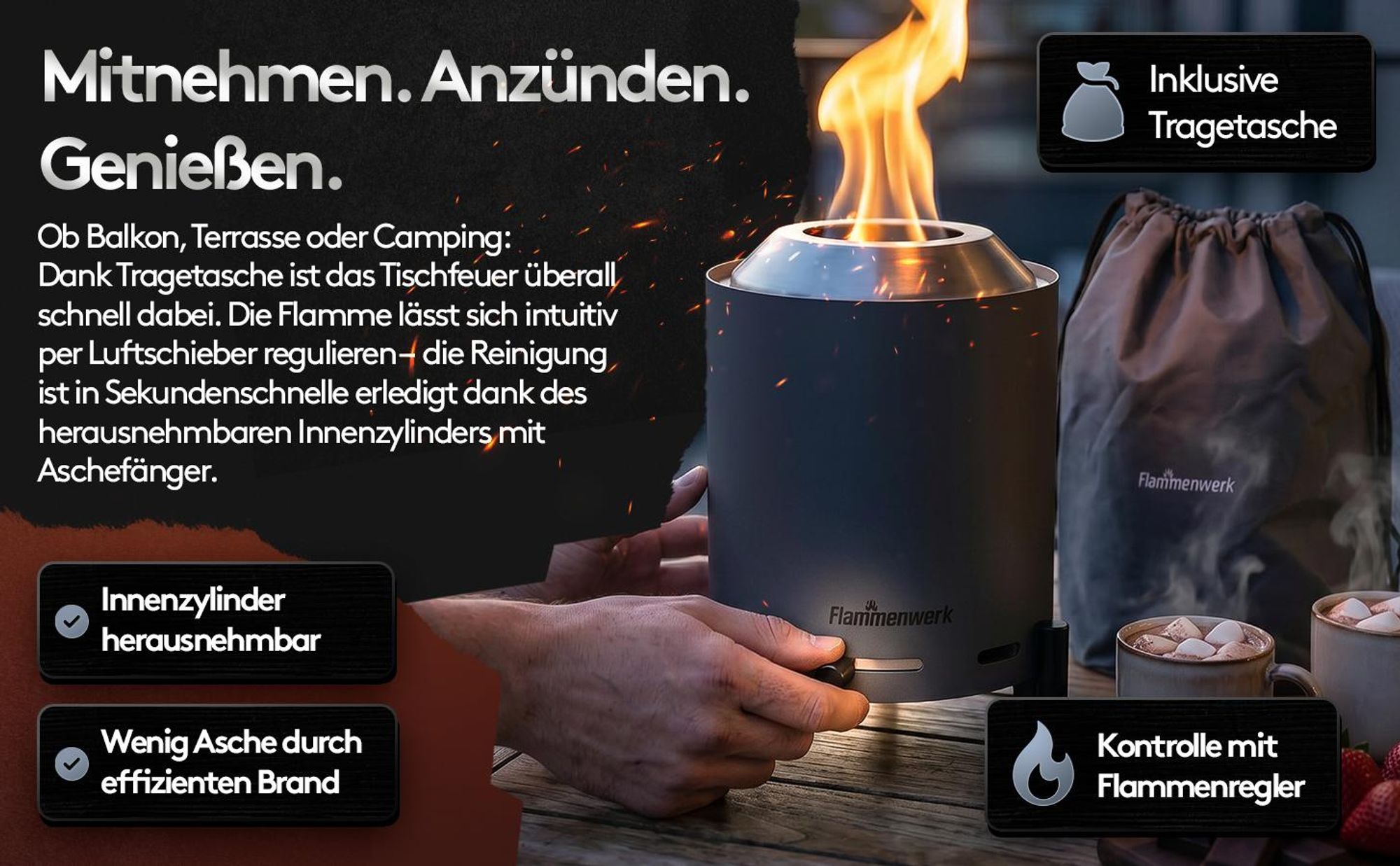 Raucharmes Tischfeuer, Tischkamin Outdoor für Pellets & Holz – Outdoor-Tischfeuer 360° Luftregulierung– Perfekt für Balkon, Terrasse & Camping