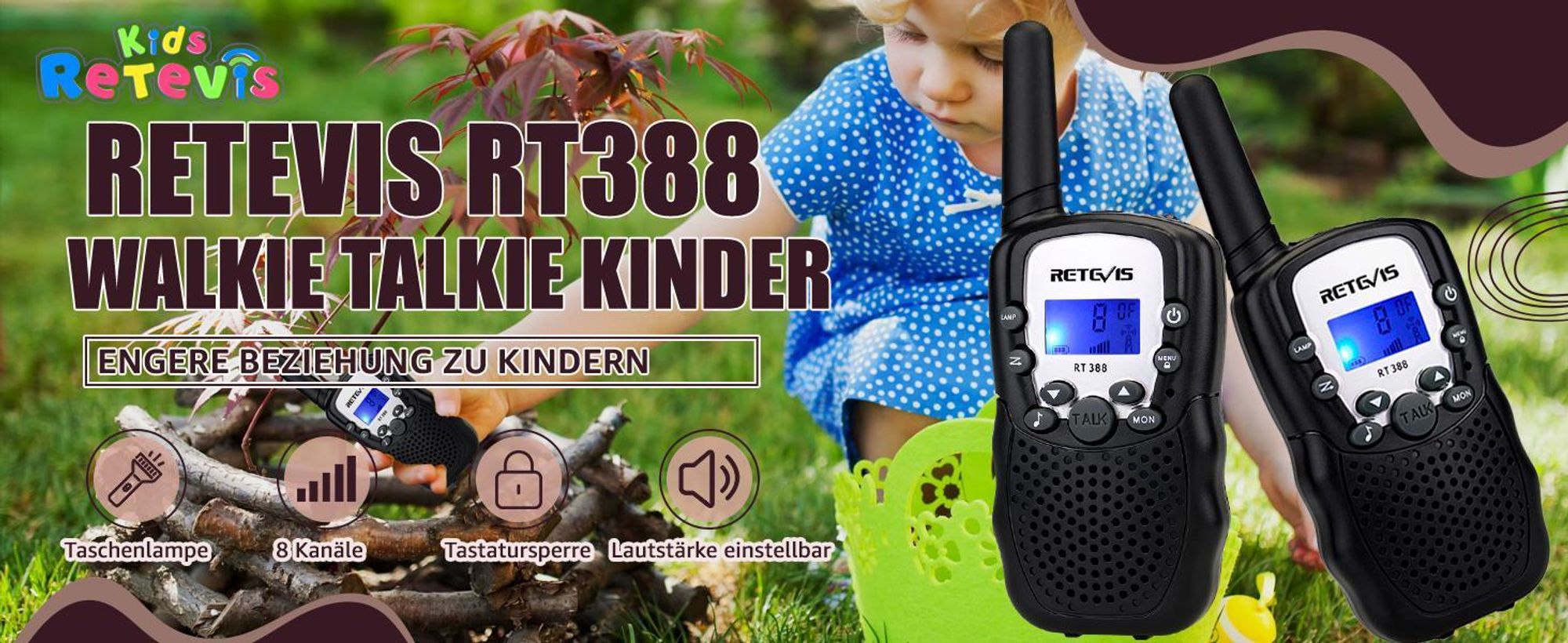 Retevis RT388 Walkie Talkie Kinder, Spielzeug ab 4-12 Jahre, Funkgerät mit Taschenlampe VOX DCS/CTCSS, Geschenke Kinder für Camping Spielen